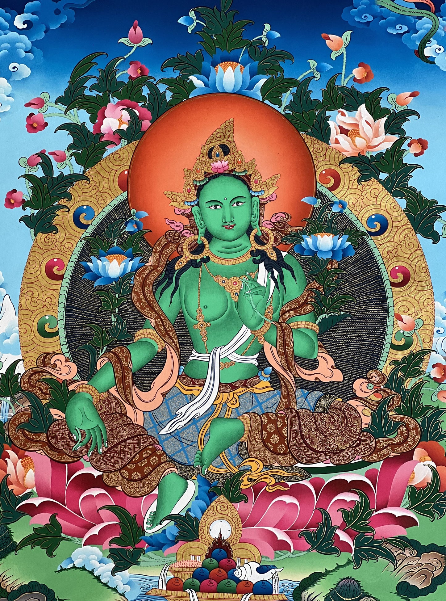 Green Tara Tibetan Thangka Painting: 24k Gold Buddhist Art