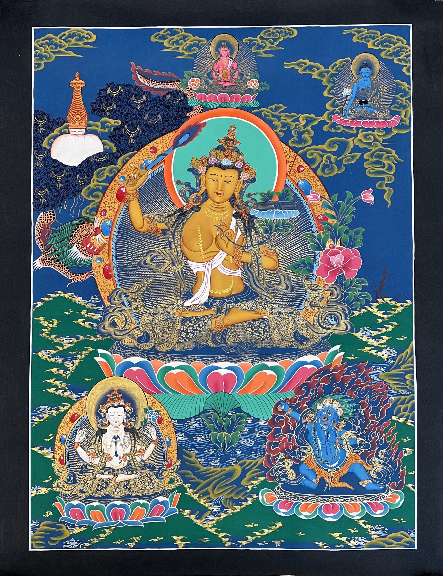 Hand-Painted Manjushri Thangka | Bodhisattva of Wisdom | Masterpiece Tibetan Art