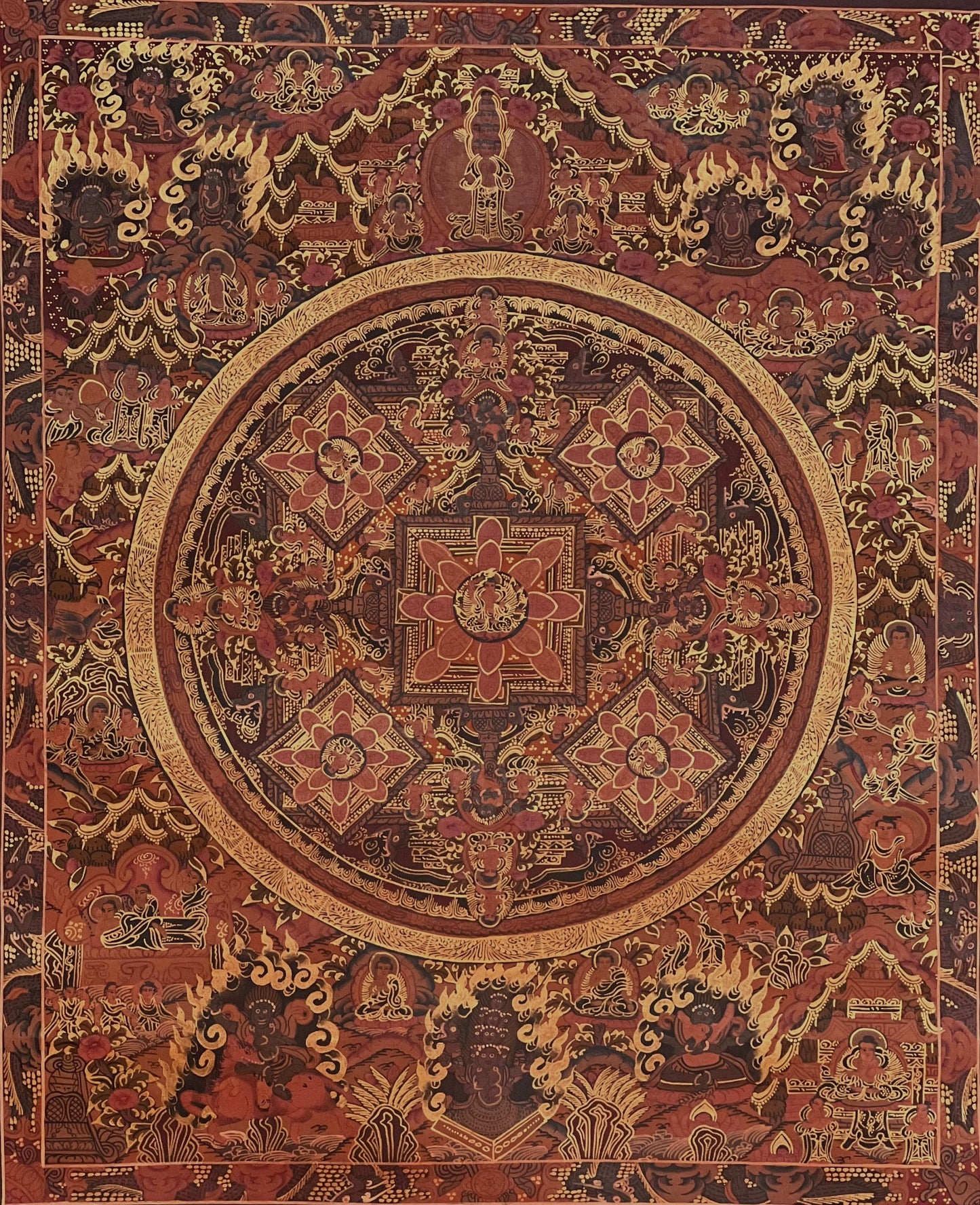 Hand Painted Five Buddha Mandala Thangka – Tibetan Compassion Art