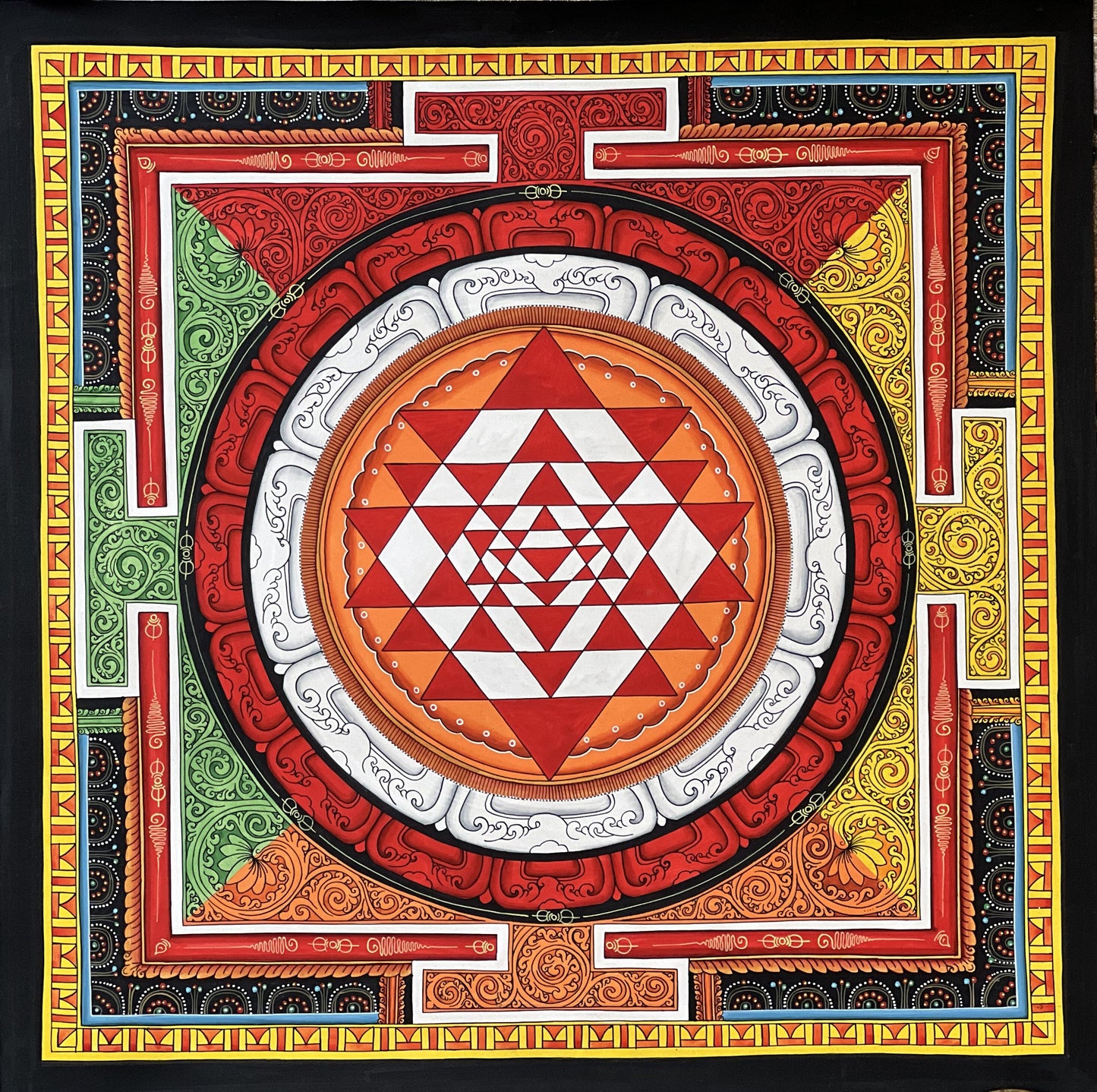 Hand-Painted Sri Yantra Thangka Painting, Newari Paubha Art