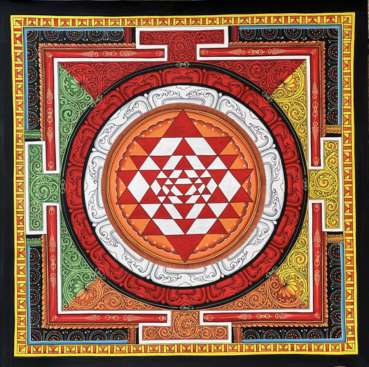 Hand-Painted Sri Yantra Thangka Painting, Newari Paubha Art