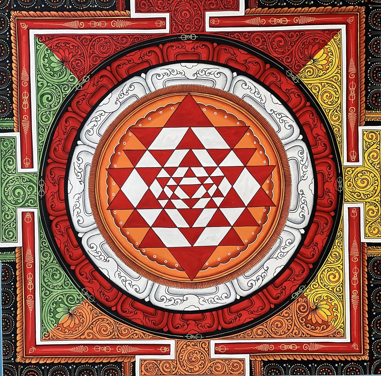 Hand-Painted Sri Yantra Thangka Painting, Newari Paubha Art