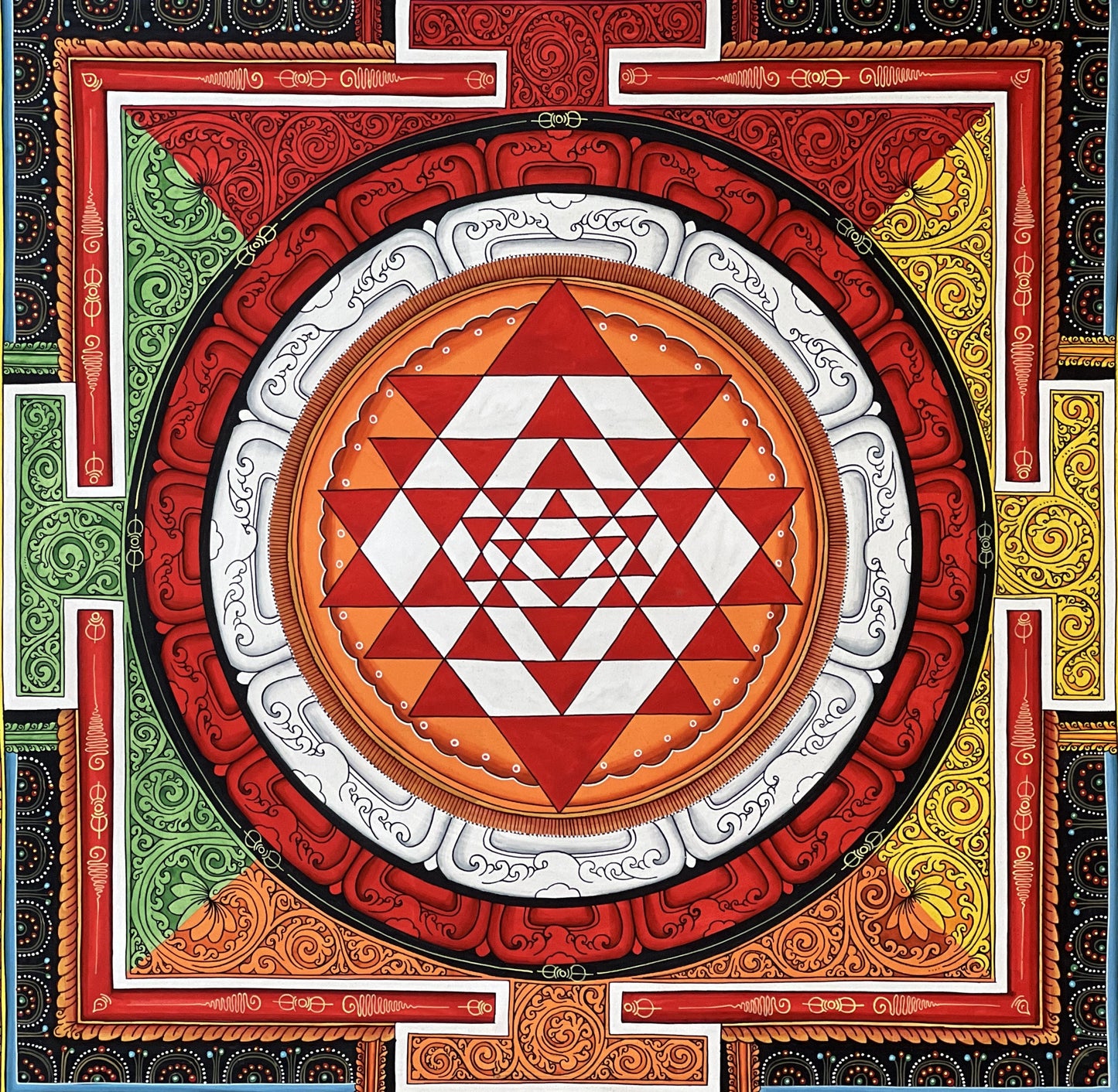 Hand-Painted Sri Yantra Thangka Painting, Newari Paubha Art