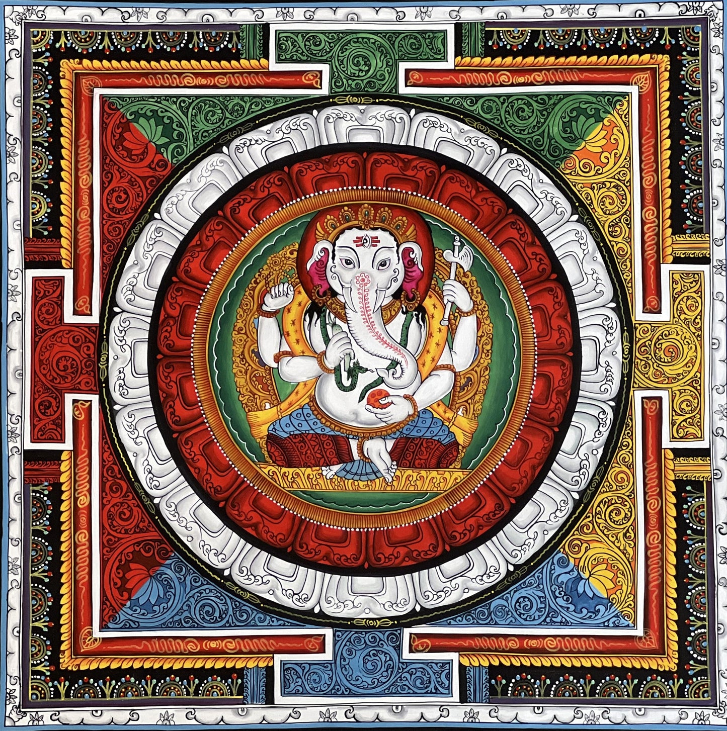 Hand-Painted Ganesha Thangka Painting, Sriyantra Art for Wealth