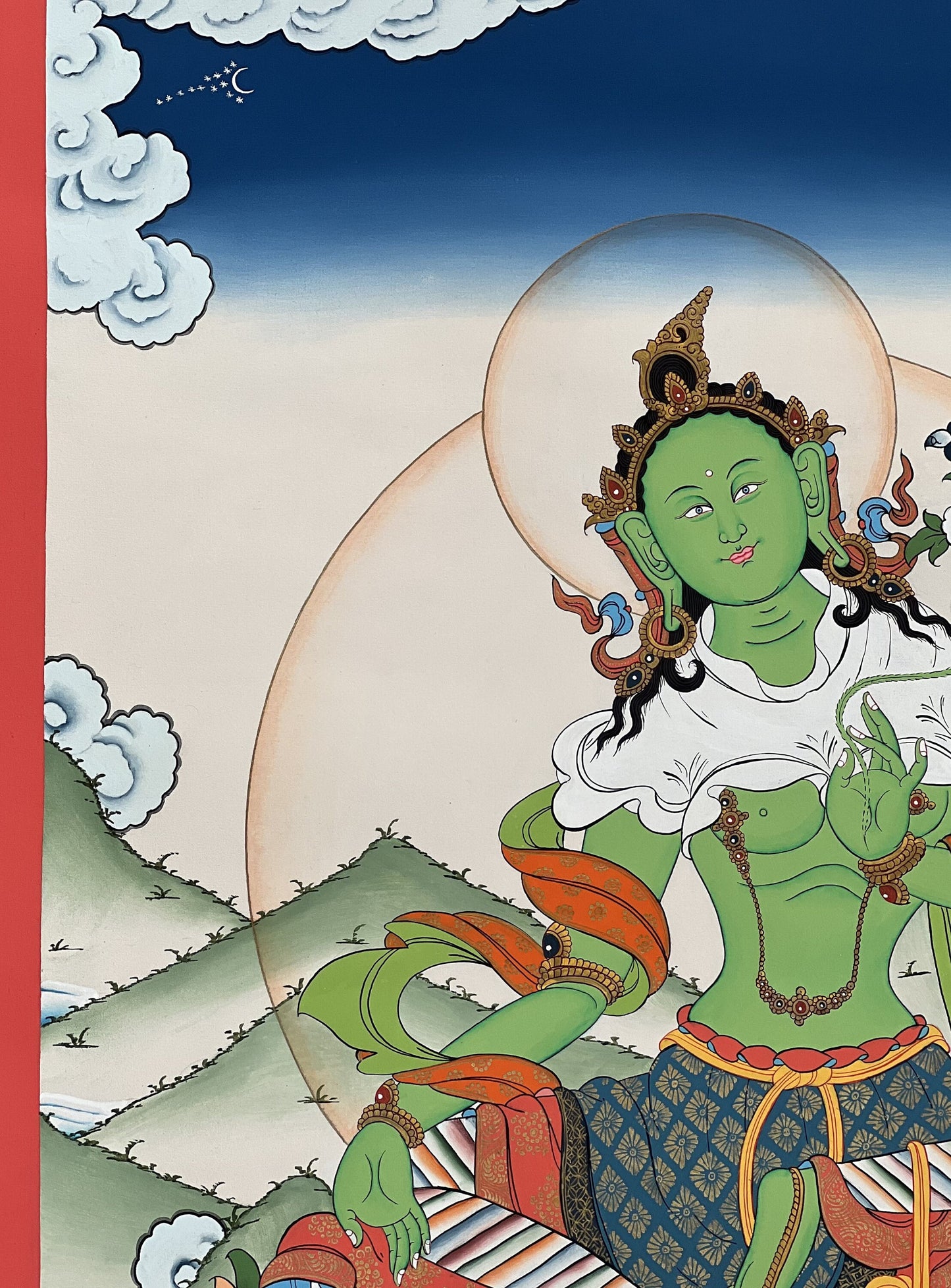 24k Gold Green Tara Tibetan Thangka Painting, Compassion Art