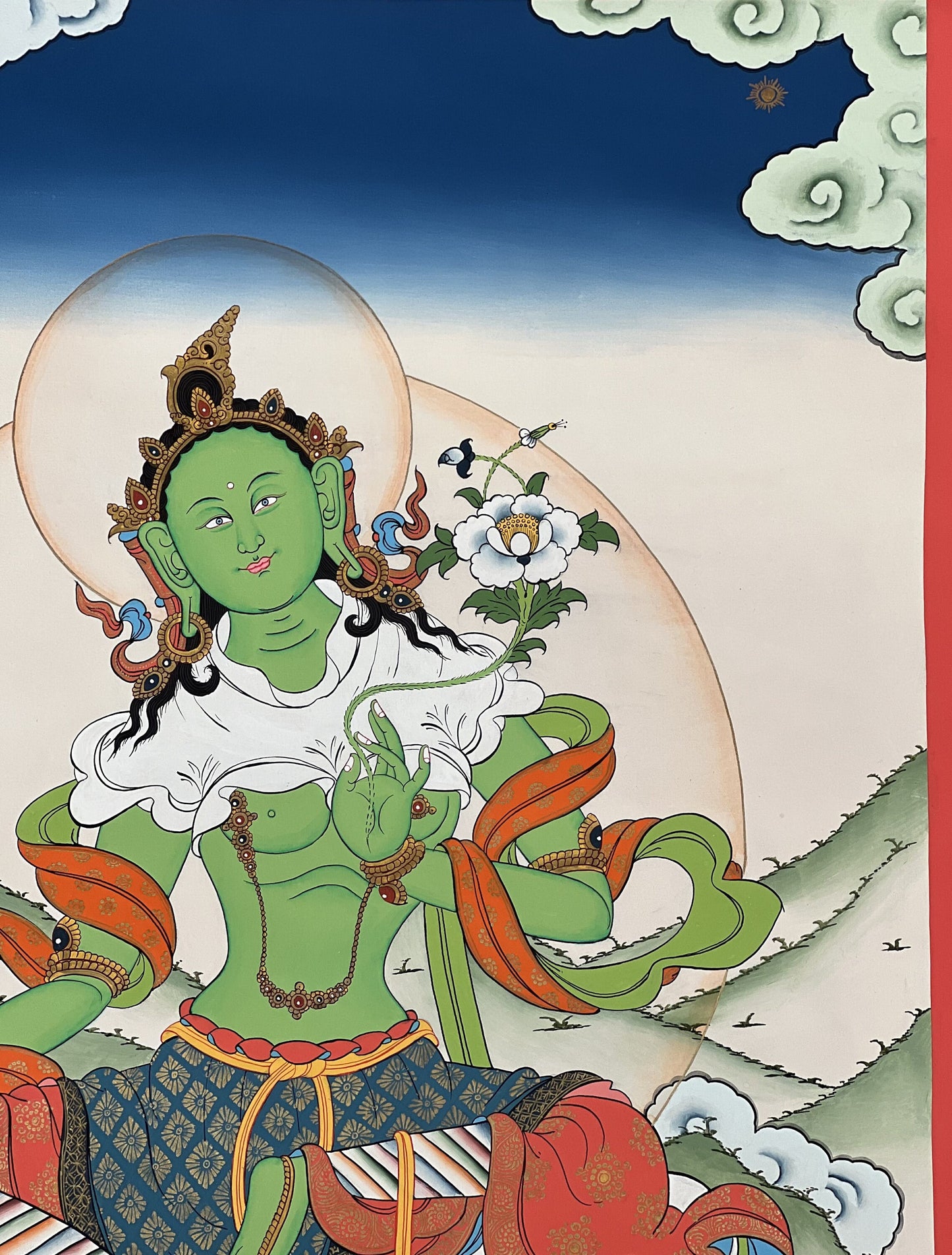 24k Gold Green Tara Tibetan Thangka Painting, Compassion Art