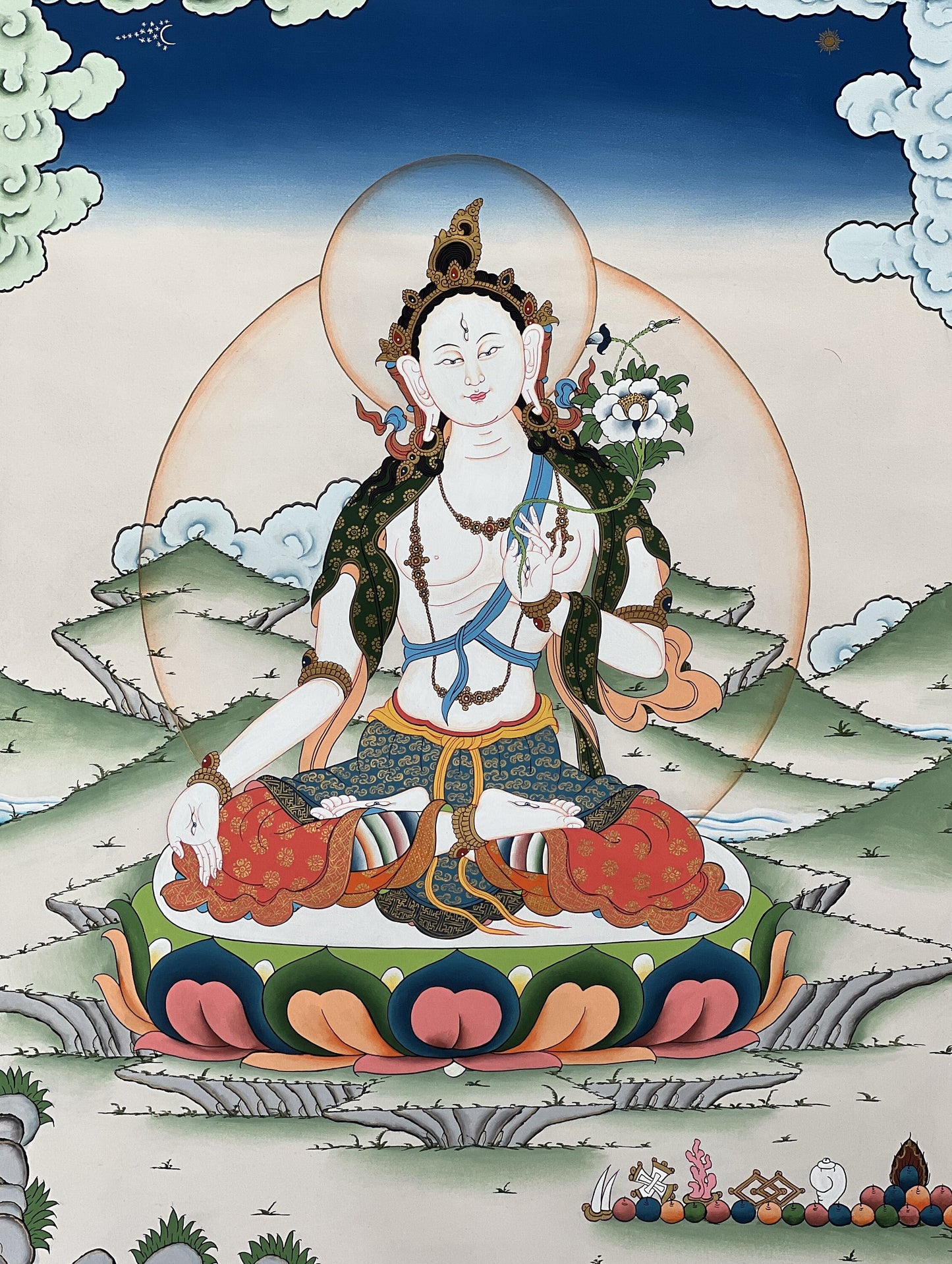White Tara Gold Thangka - Hand-Painted Seven Eyes Tibetan Goddess of Long Life and Compassion