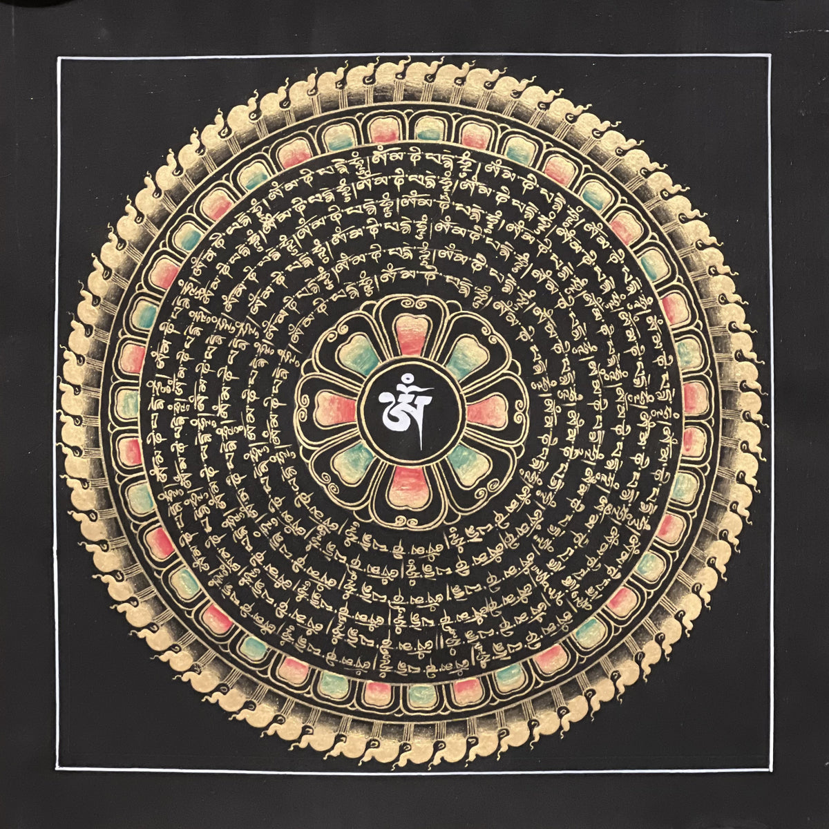 Om Mantra Mandala Thangka Painting, Black and Gold Buddhist Art