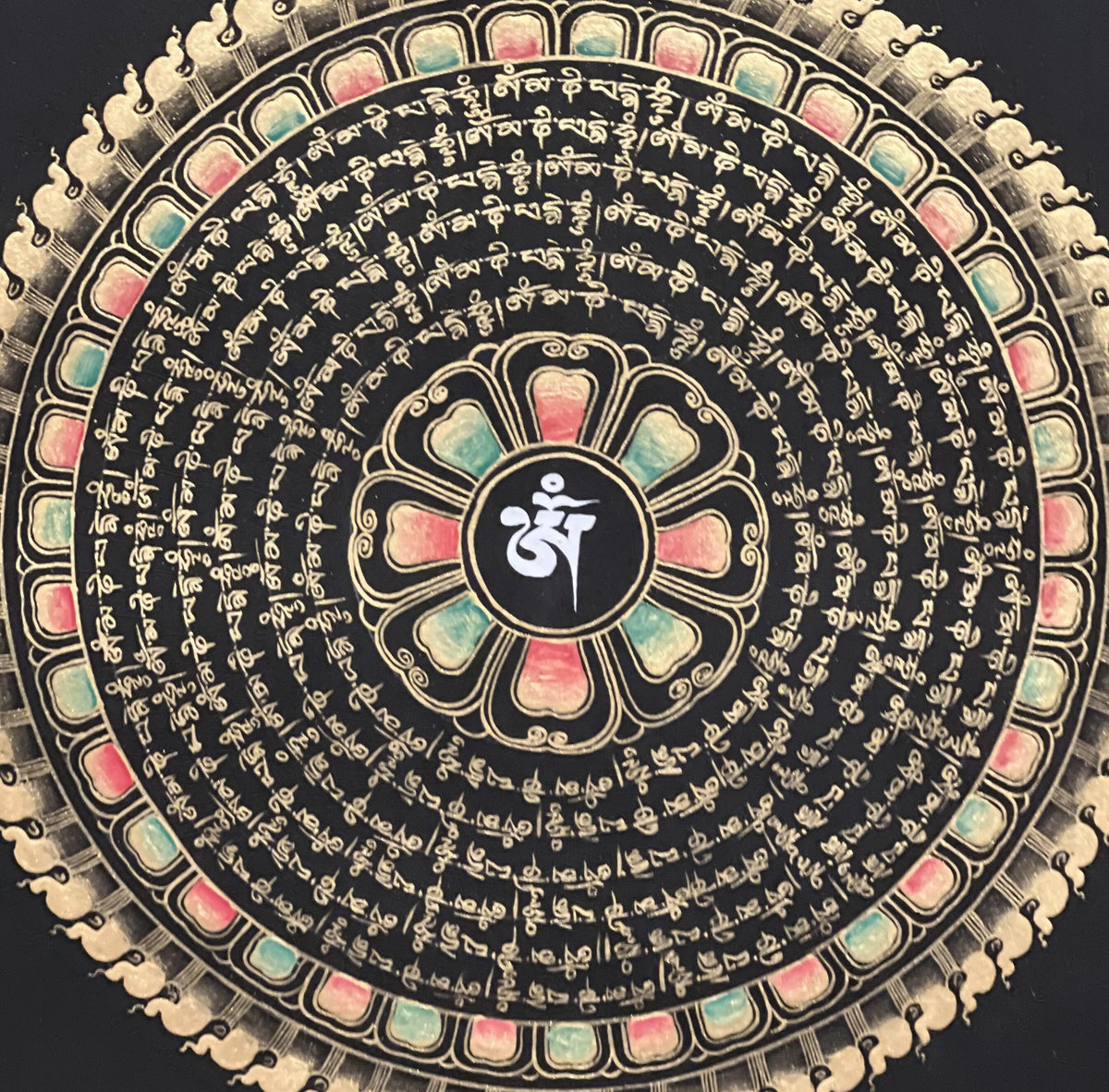Om Mantra Mandala Thangka Painting, Black and Gold Buddhist Art