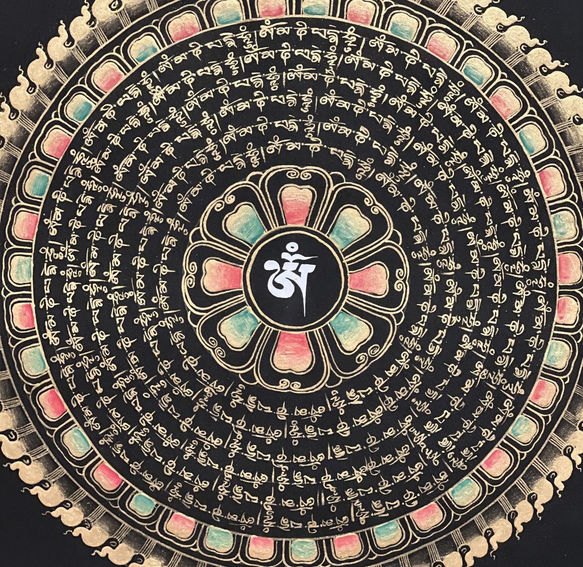 Om Mantra Mandala Thangka Painting, Black and Gold Buddhist Art