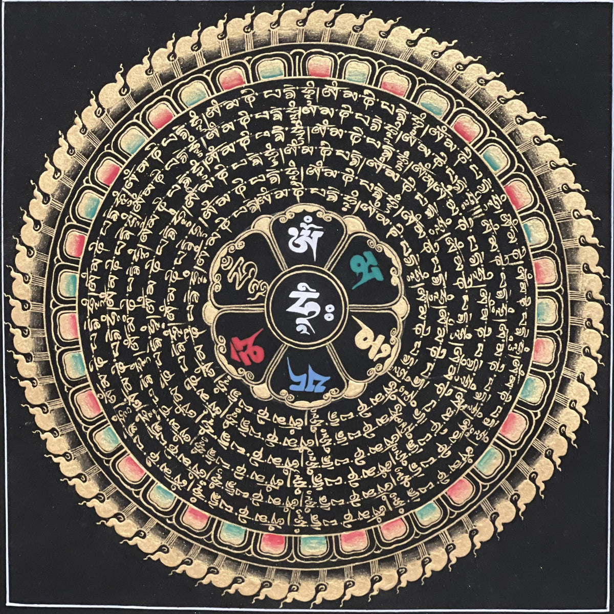 Hand-Painted Om Mani Padme Hum Mandala Thangka, Black & Gold
