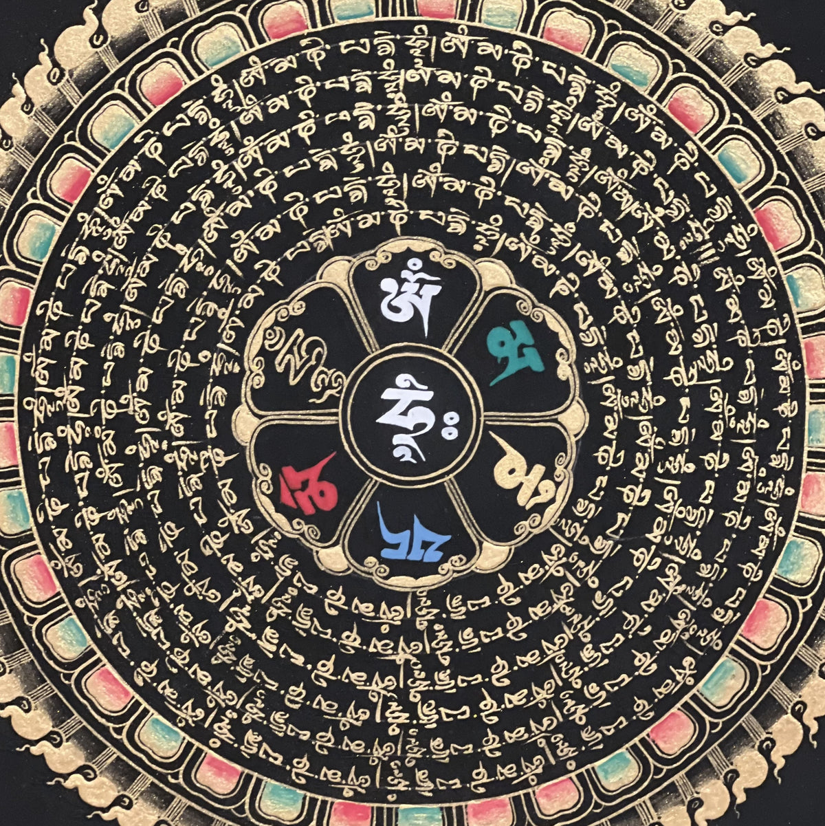 Hand-Painted Om Mani Padme Hum Mandala Thangka, Black & Gold