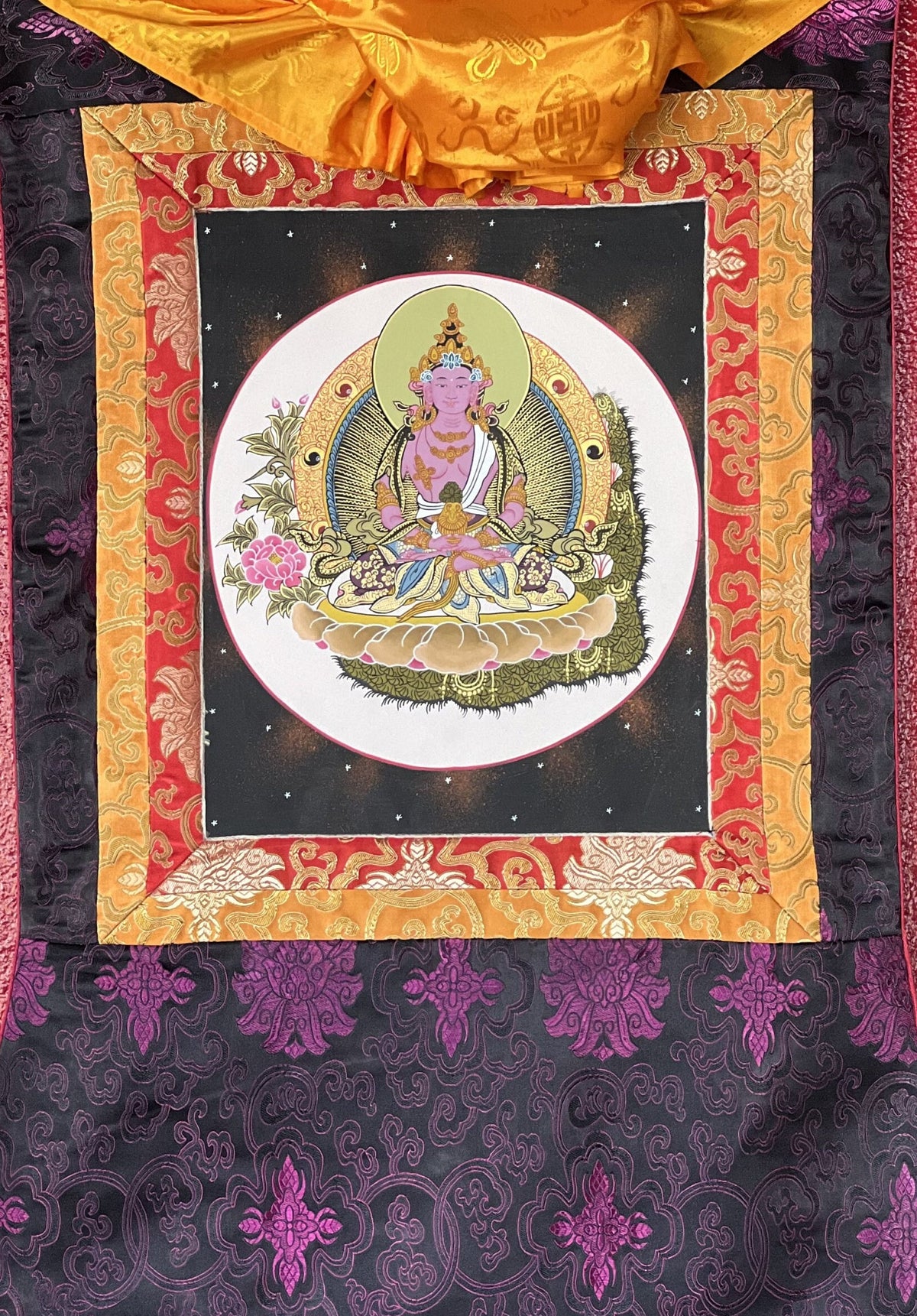 Hand-Painted Amitayus Buddha Thangka with Silk Brocade