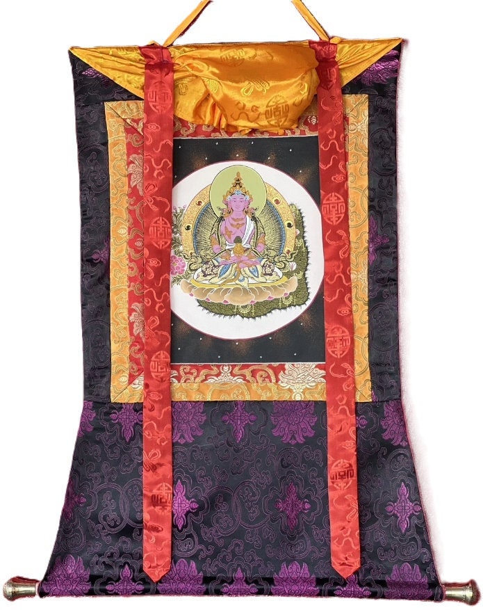 Hand-Painted Amitayus Buddha Thangka with Silk Brocade