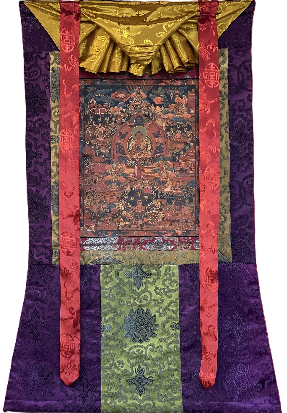 Buddha Life Mandala Thangka Painting, Oil Varnished, Silk Brocade