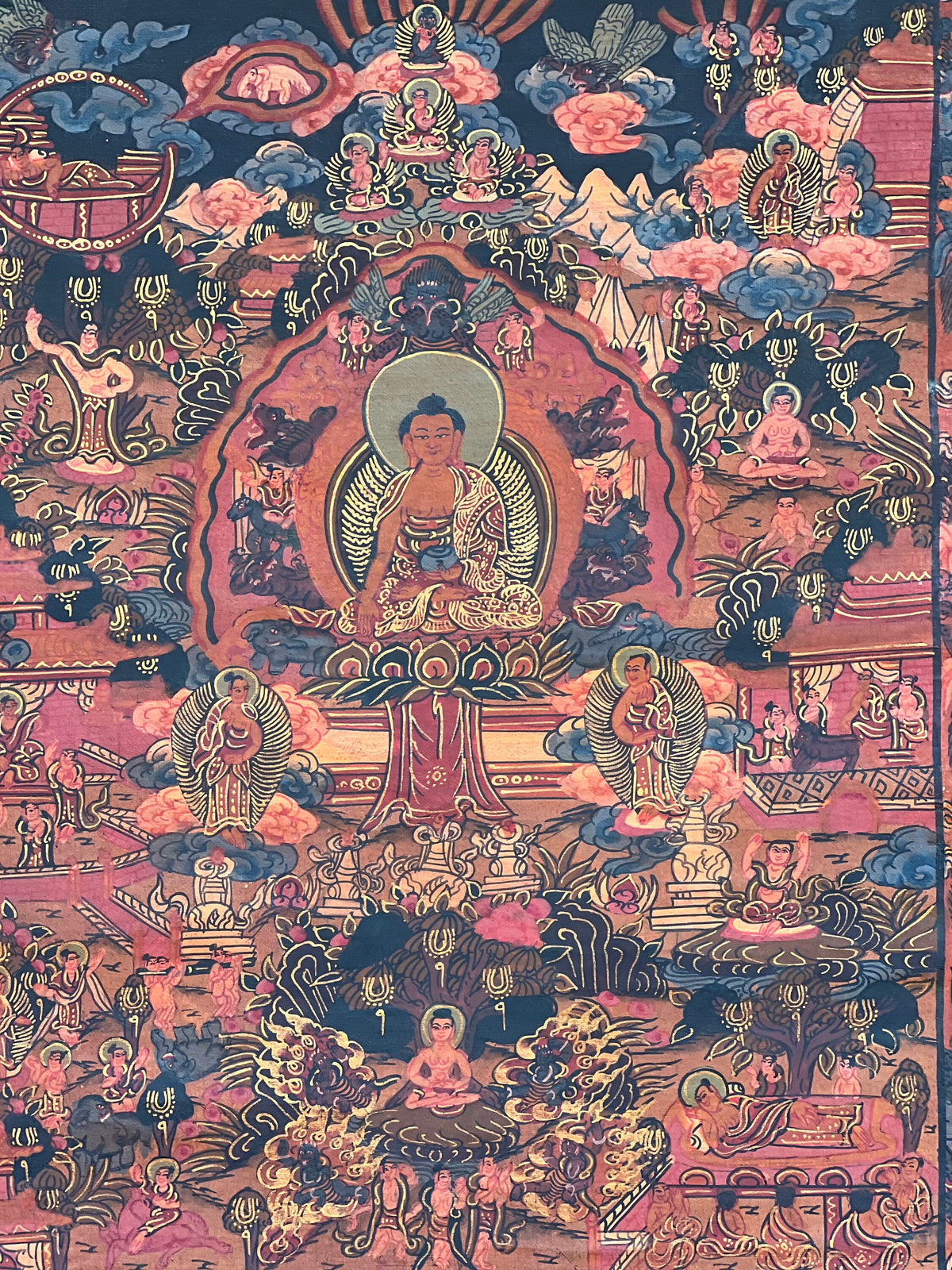 Buddha Life Mandala Thangka Painting, Oil Varnished, Silk Brocade
