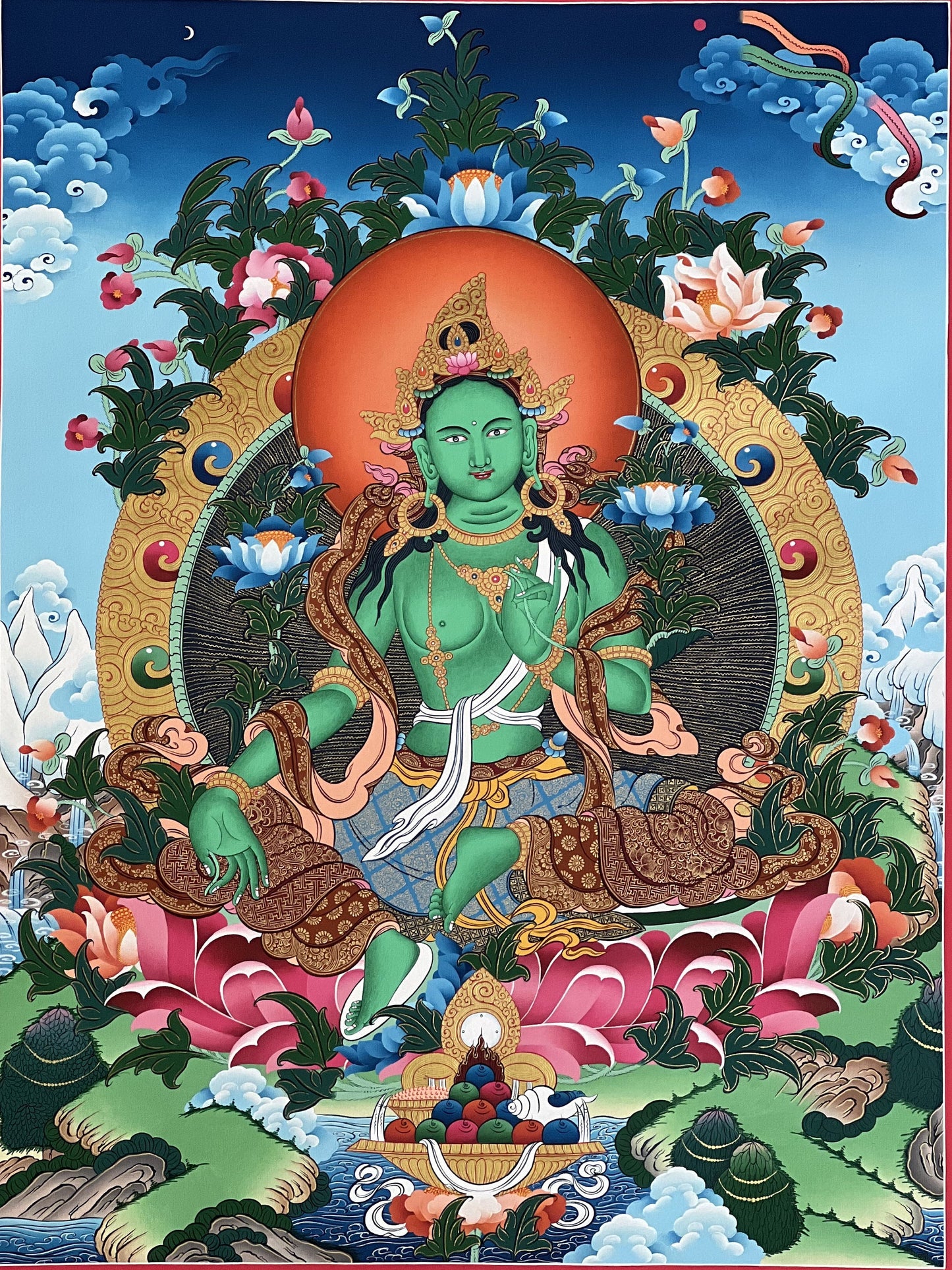 Green Tara Tibetan Thangka Painting: 24k Gold Buddhist Art