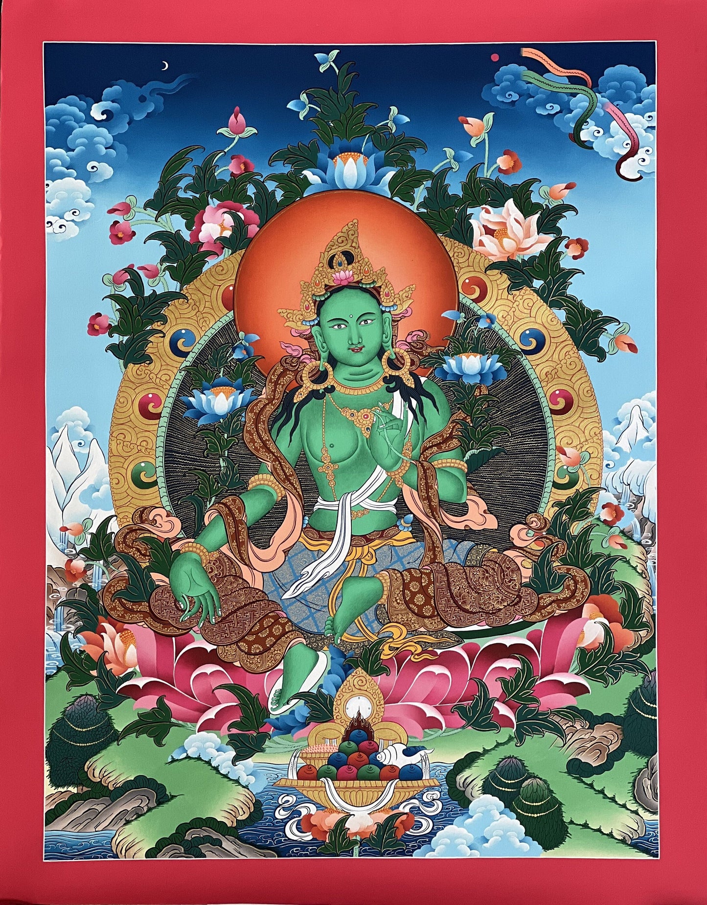Green Tara Tibetan Thangka Painting: 24k Gold Buddhist Art