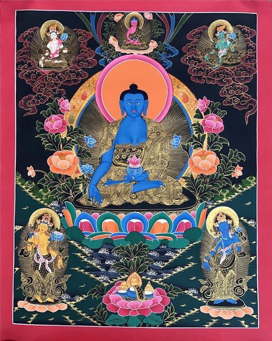 Original Hand-painted  Masterpiece  Medicine Buddha/ BhaisajyaGuru/ Medicine Master Healer Tibetan Thangka/ Thanka Painting