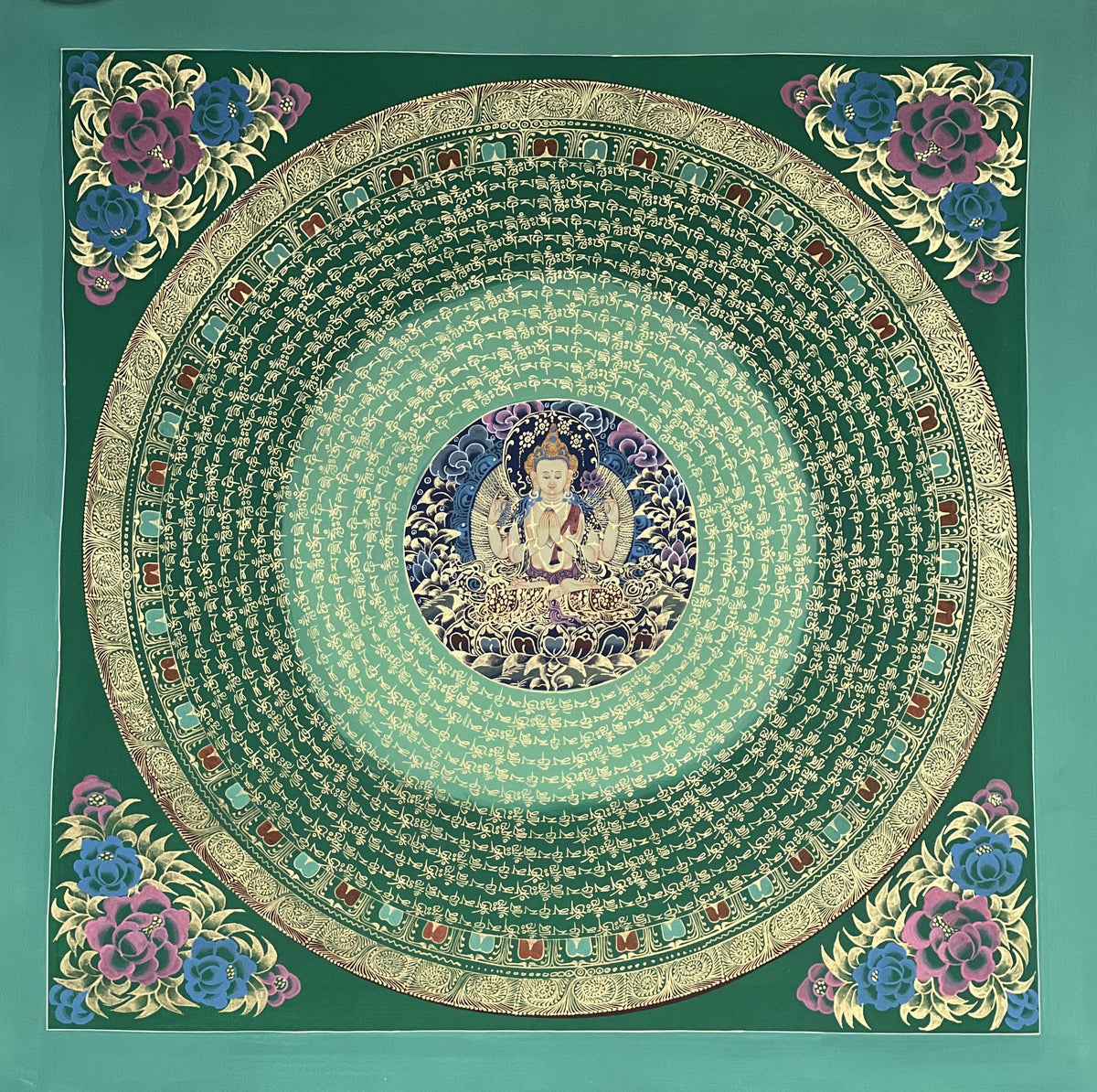 Chenrezig Mandala Thangka Painting, Om Mani Padme Hum Art