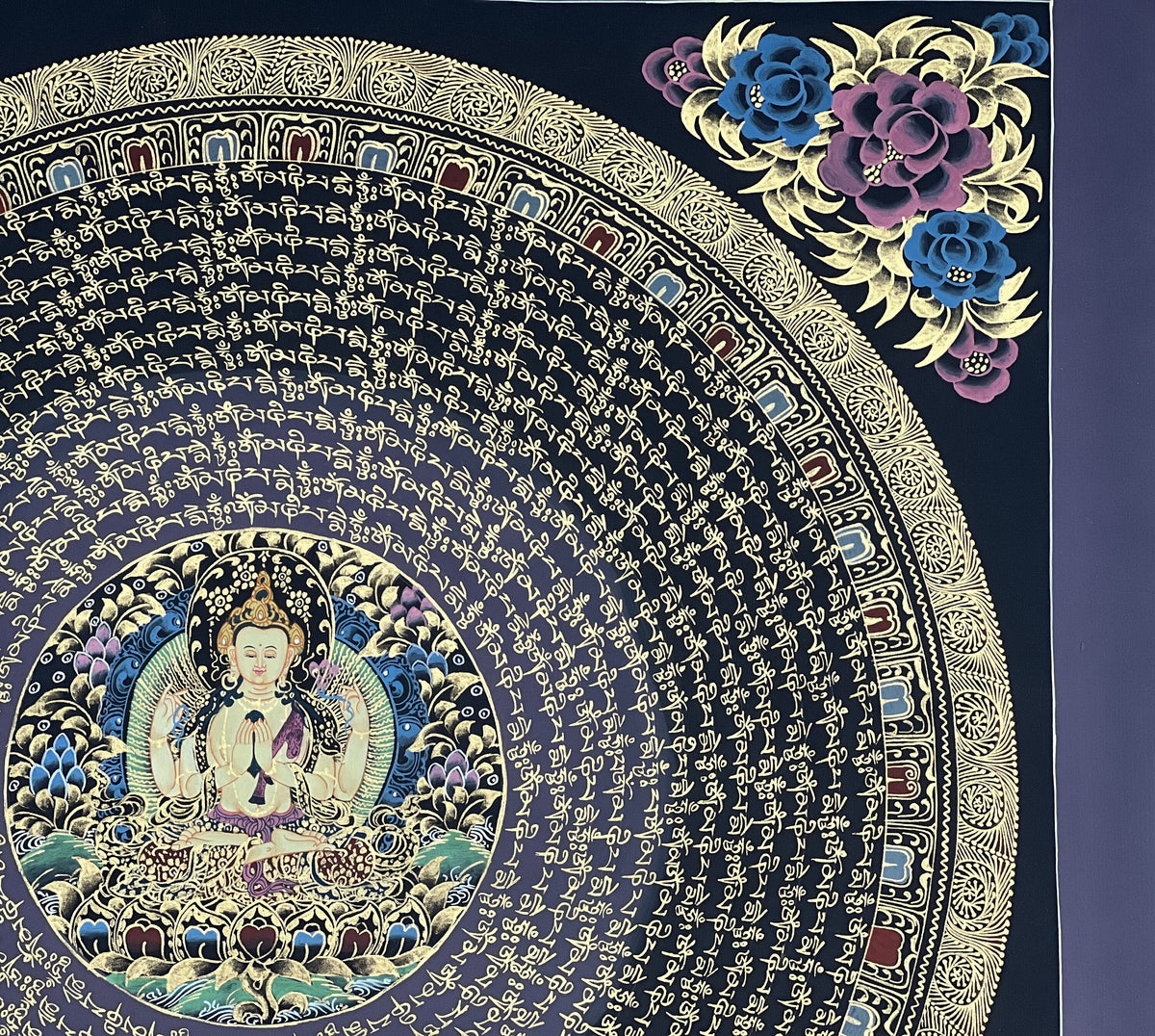 Chenrezig Mandala Thangka Painting, Om Mani Padme Hum Art