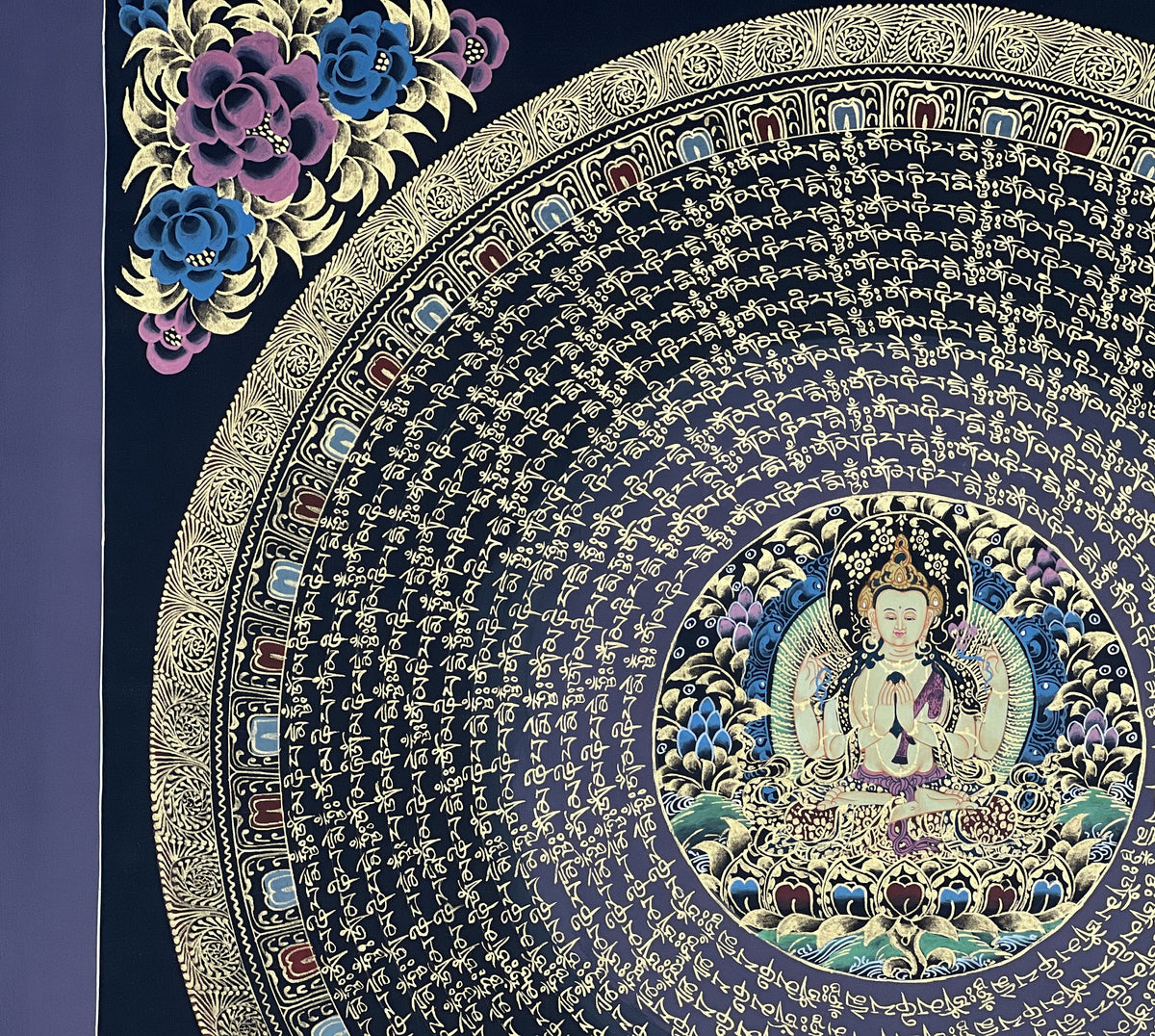 Chenrezig Mandala Thangka Painting, Om Mani Padme Hum Art