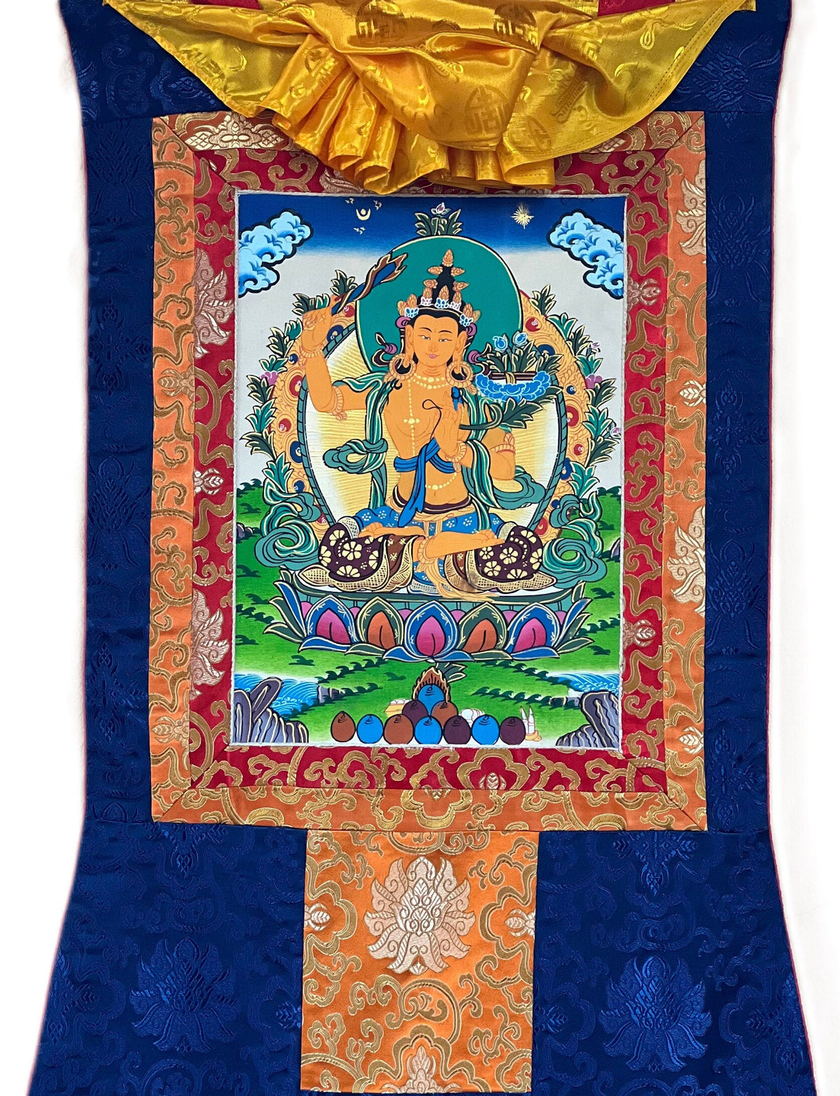 Hand-Painted Manjushri Thangka Painting with Silk Brocade