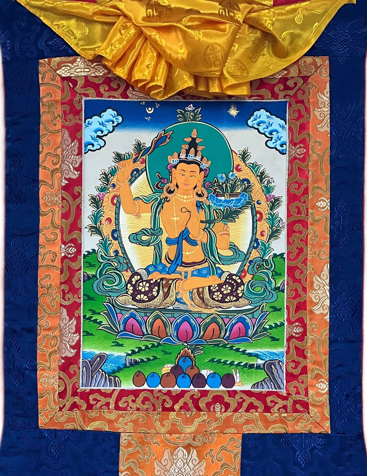 Hand-Painted Manjushri Thangka Painting with Silk Brocade
