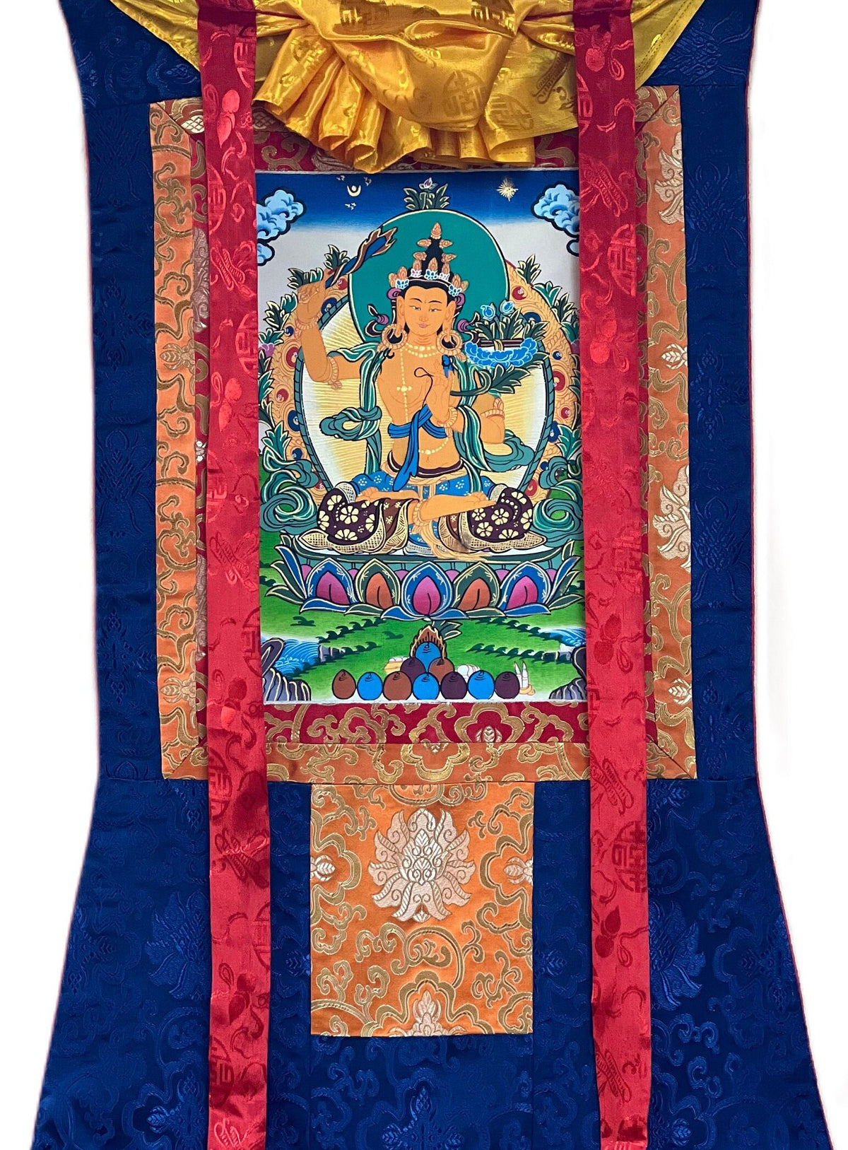 Hand-Painted Manjushri Thangka Painting with Silk Brocade