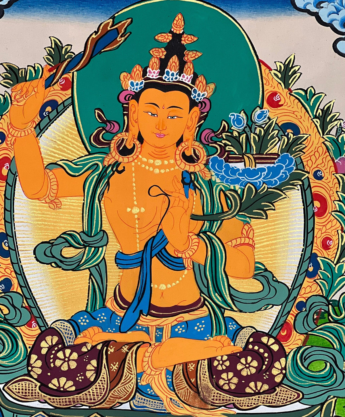 Hand-Painted Manjushri Thangka Painting with Silk Brocade