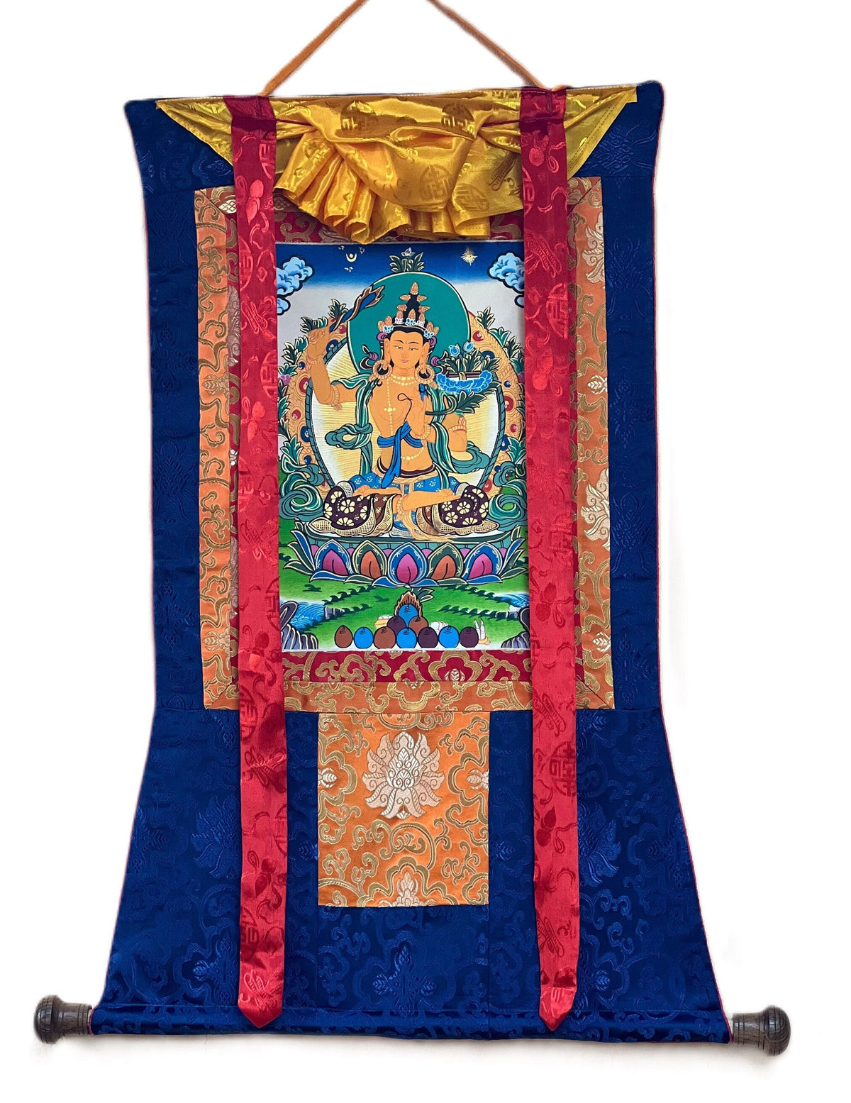Hand-Painted Manjushri Thangka Painting with Silk Brocade