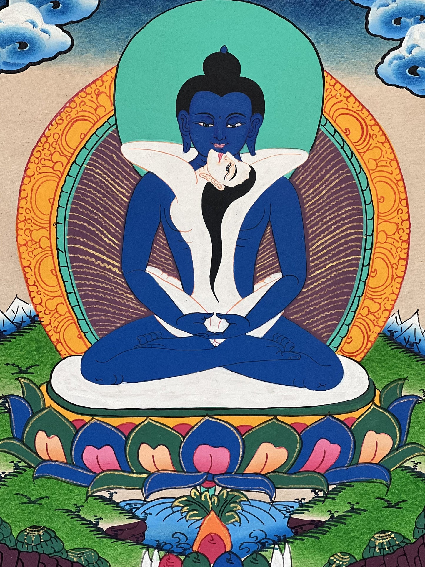 Original Hand-painted Samantabhadra/ Buddha Shakti Tibetan Thangka Painting With Silk Brocade