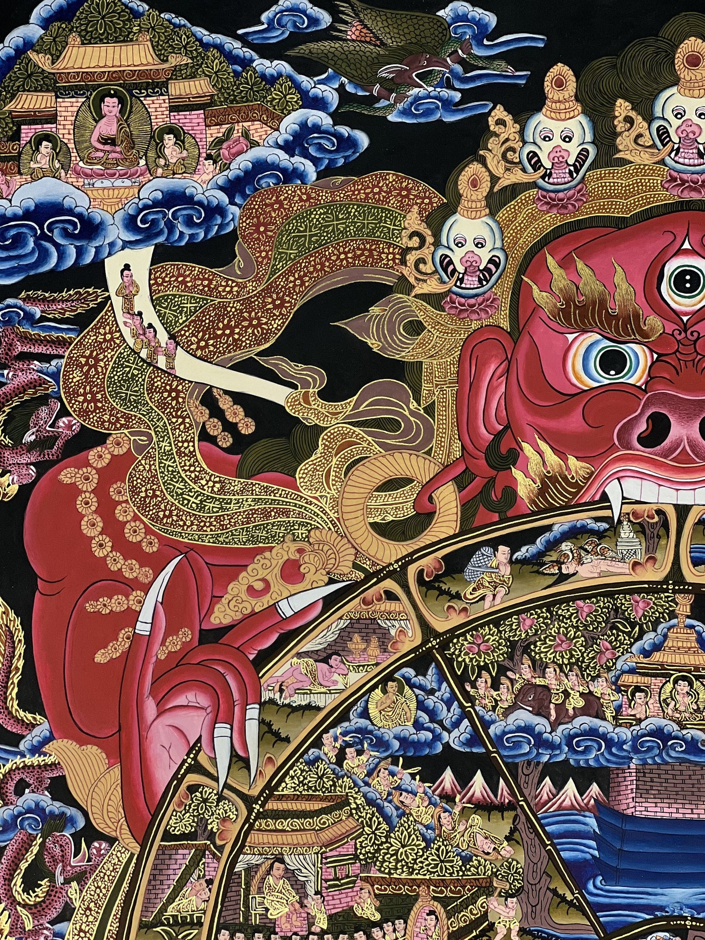 Large Bhavachakra Wheel of Life Thangka | Hand-Painted Tibetan Samsara Mandala Art
