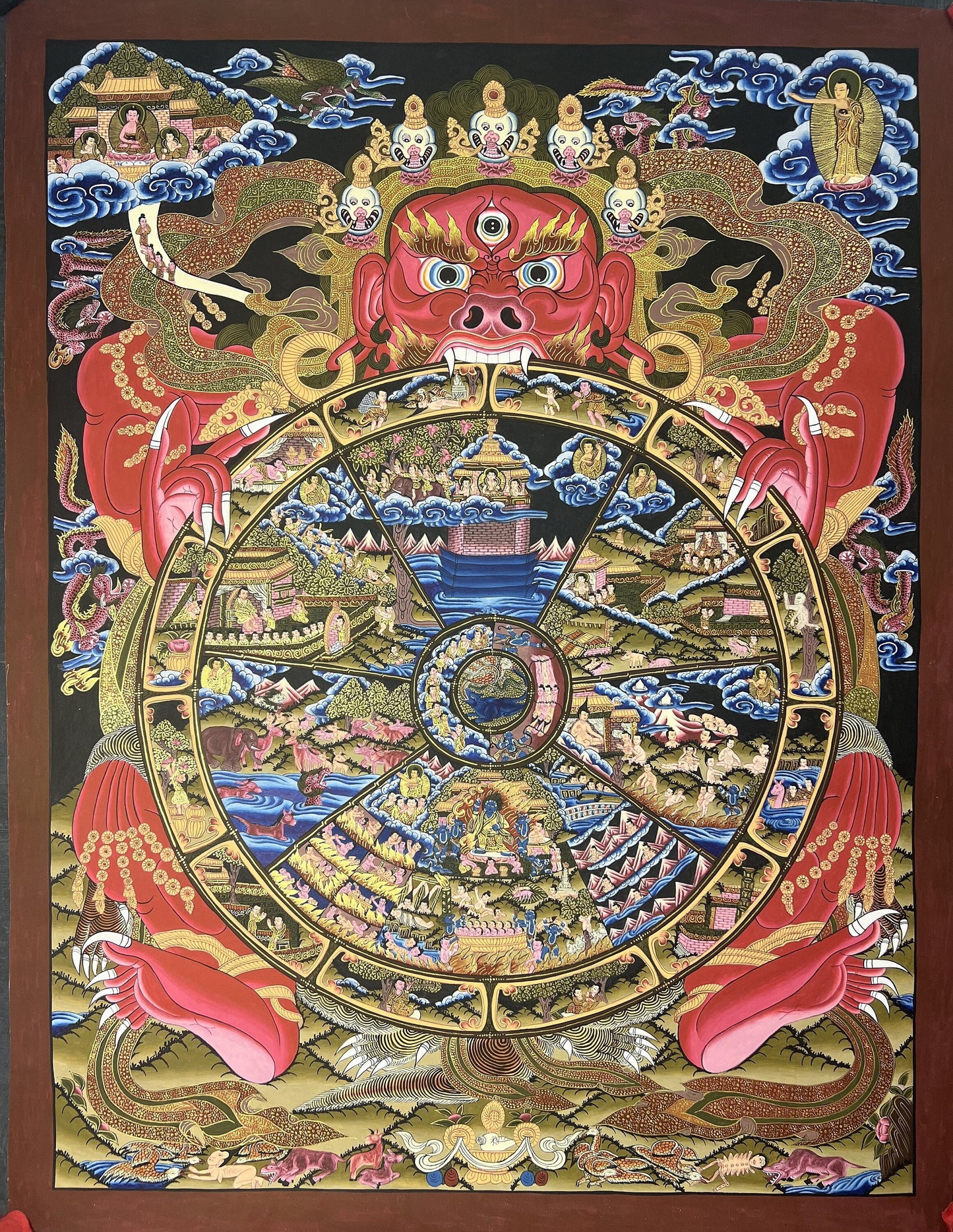 Large Bhavachakra Wheel of Life Thangka | Hand-Painted Tibetan Samsara Mandala Art