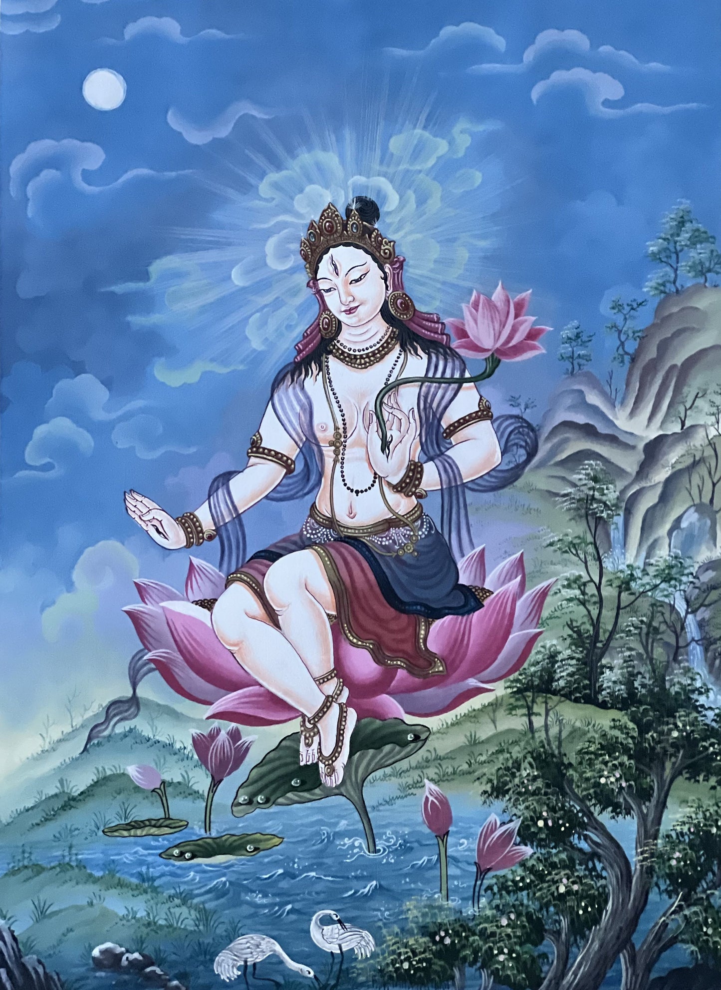 White Tara Thangka Painting: Original Newari Paubha, Meditation Art