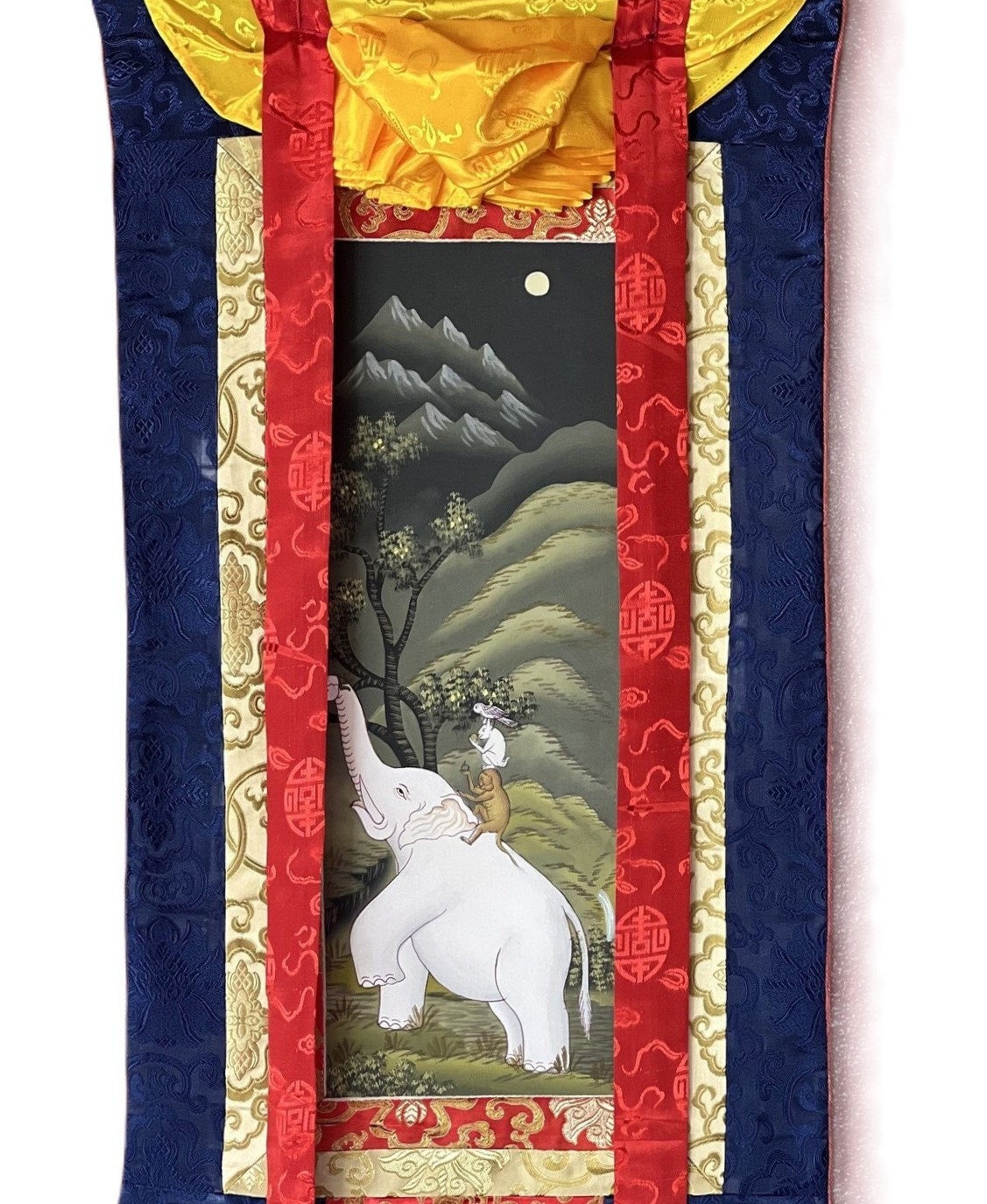 Four Harmonious Friends Thangka Painting, Newari Paubha Art with Silk Frame