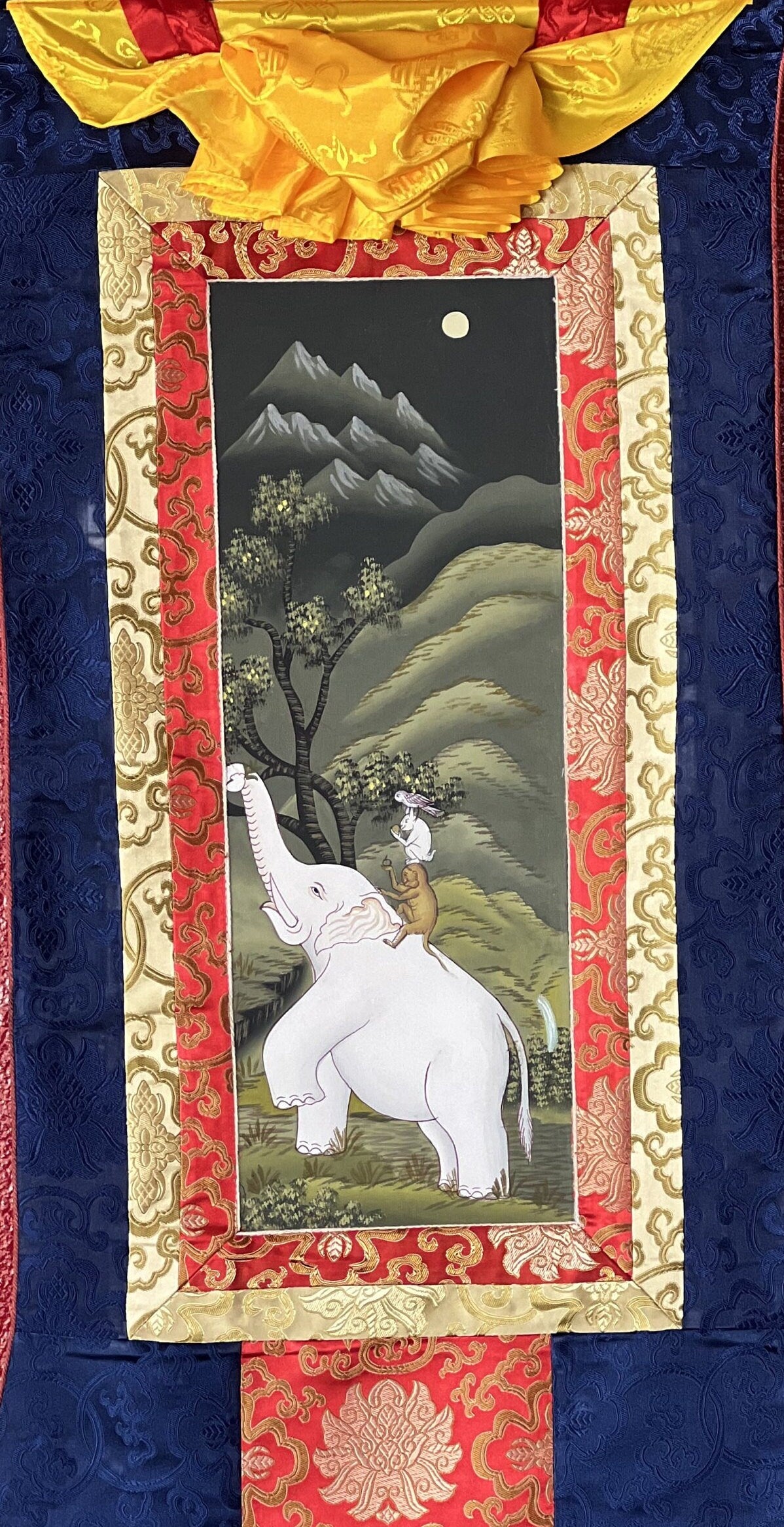 Four Harmonious Friends Thangka Painting, Newari Paubha Art with Silk Frame