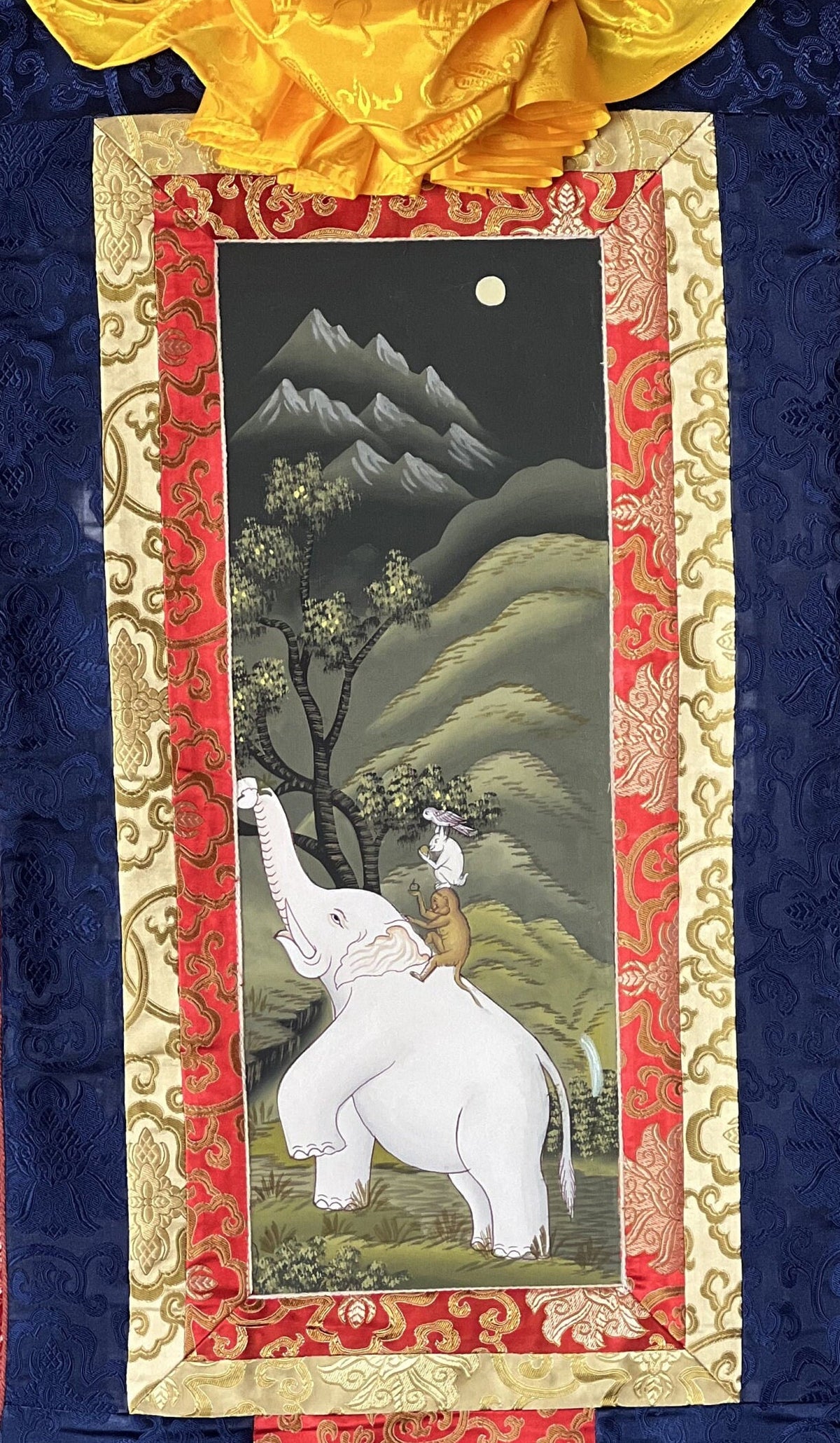Four Harmonious Friends Thangka Painting, Newari Paubha Art with Silk Frame