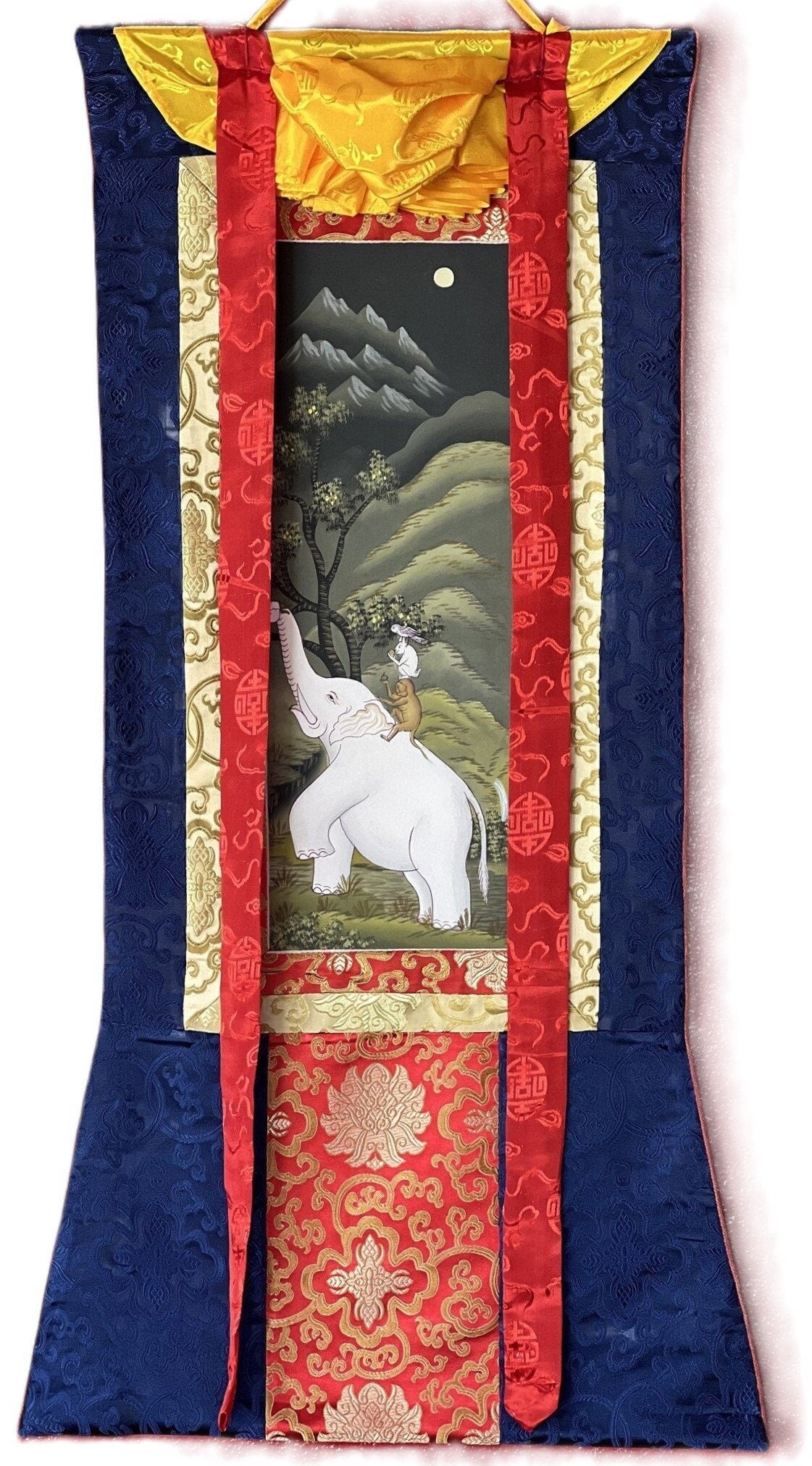 Four Harmonious Friends Thangka Painting, Newari Paubha Art with Silk Frame