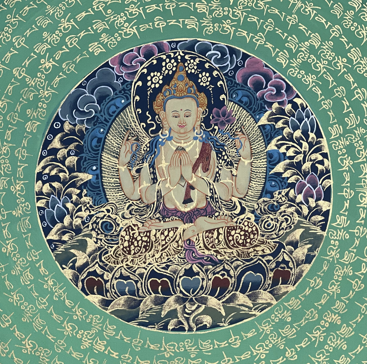Chenrezig Mandala Thangka Painting, Om Mani Padme Hum Art