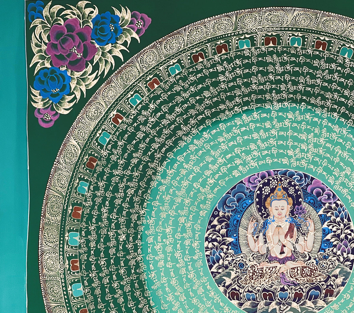 Chenrezig Mandala Thangka Painting, Om Mani Padme Hum Art