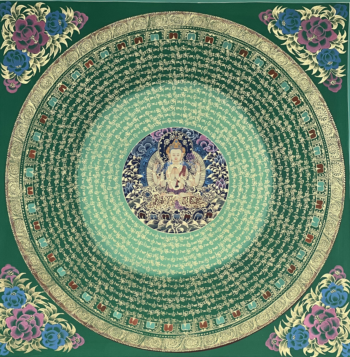 Chenrezig Mandala Thangka Painting, Om Mani Padme Hum Art