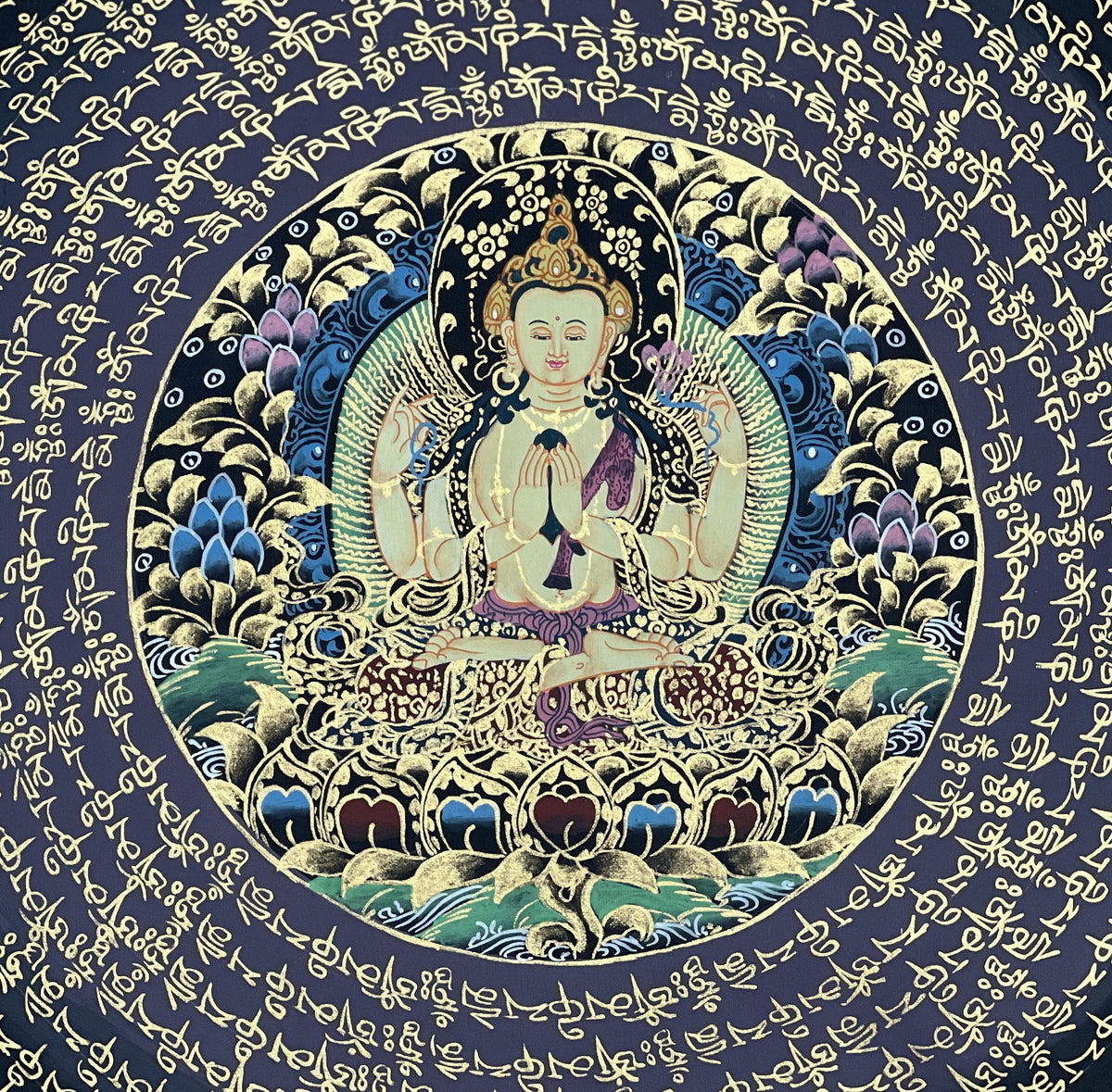 Chenrezig Mandala Thangka Painting, Om Mani Padme Hum Art