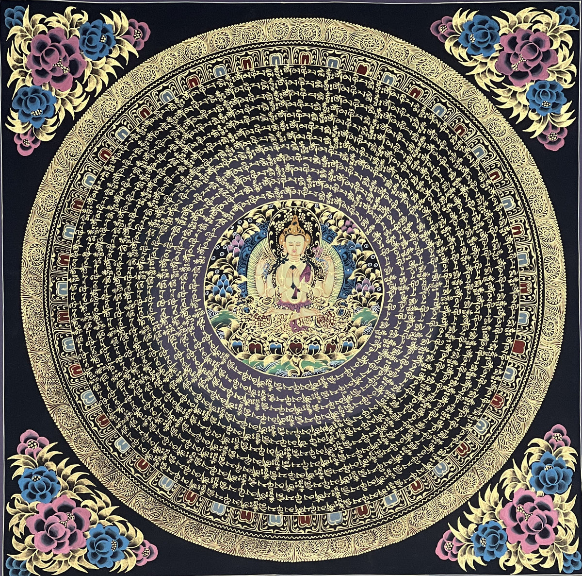 Chenrezig Mandala Thangka Painting, Om Mani Padme Hum Art