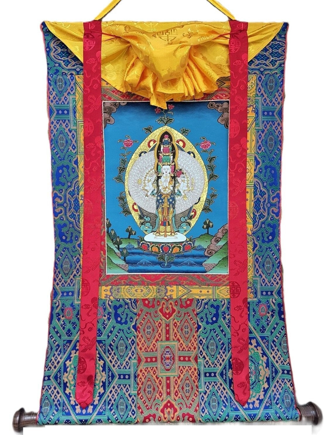 Hand-Painted Sahastrabhuja Avalokiteshvara Thangka, Silk Framed