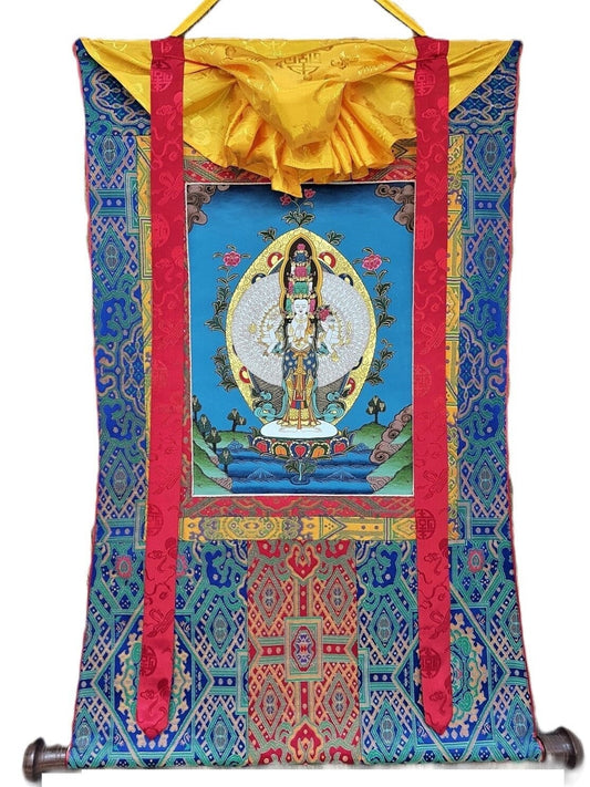 Hand-Painted Sahastrabhuja Avalokiteshvara Thangka, Silk Framed