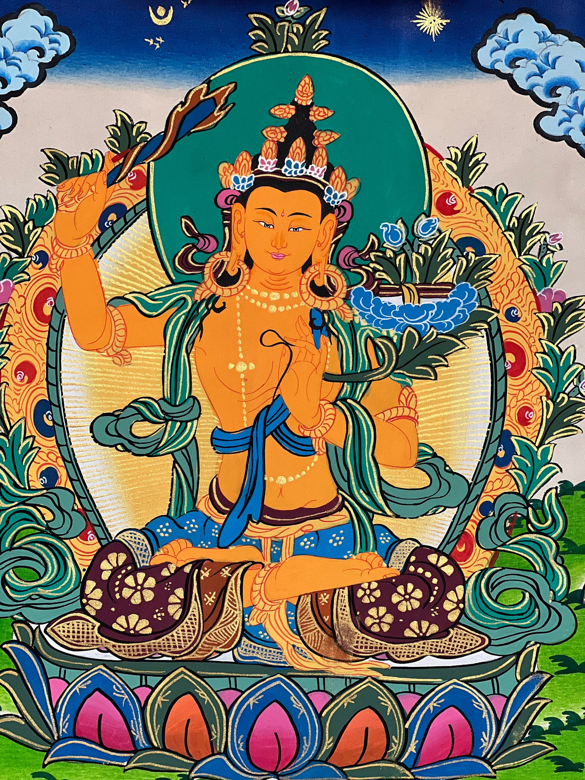Hand-Painted Manjushri Thangka Painting with Silk Brocade