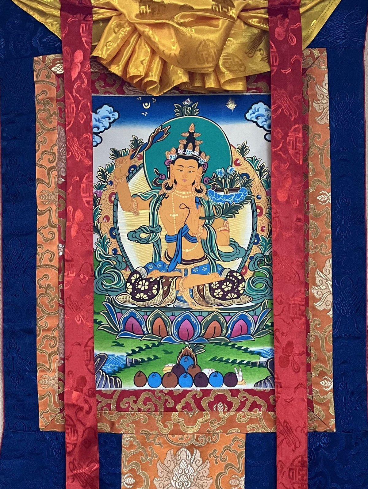 Hand-Painted Manjushri Thangka Painting with Silk Brocade