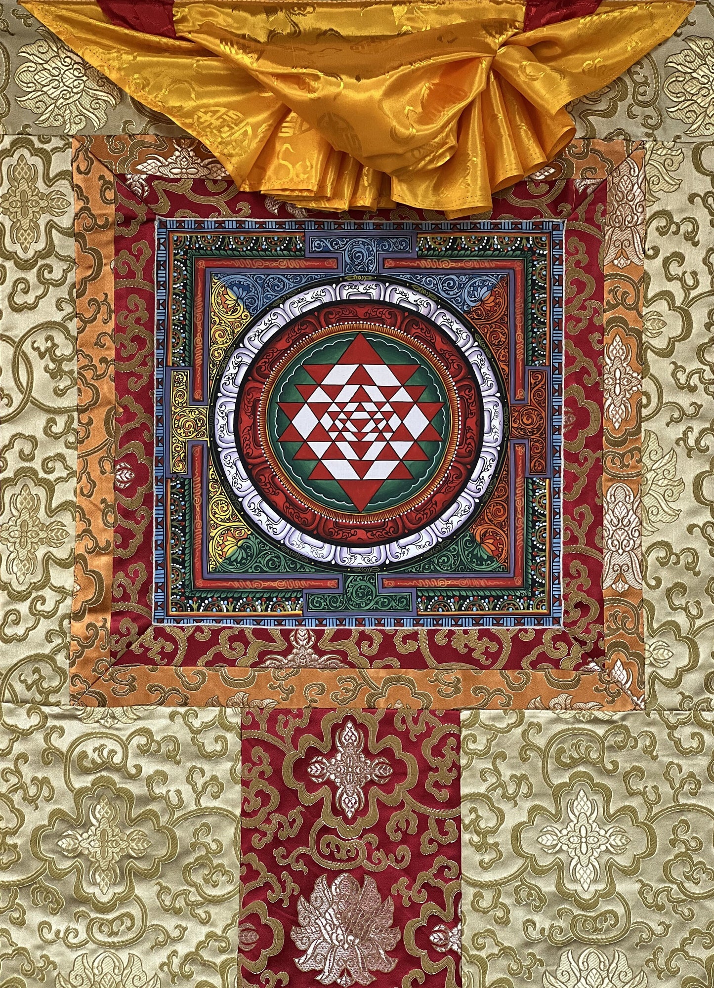 Hand-painted Sri Yantra Thangka Painting with Silk Brocade