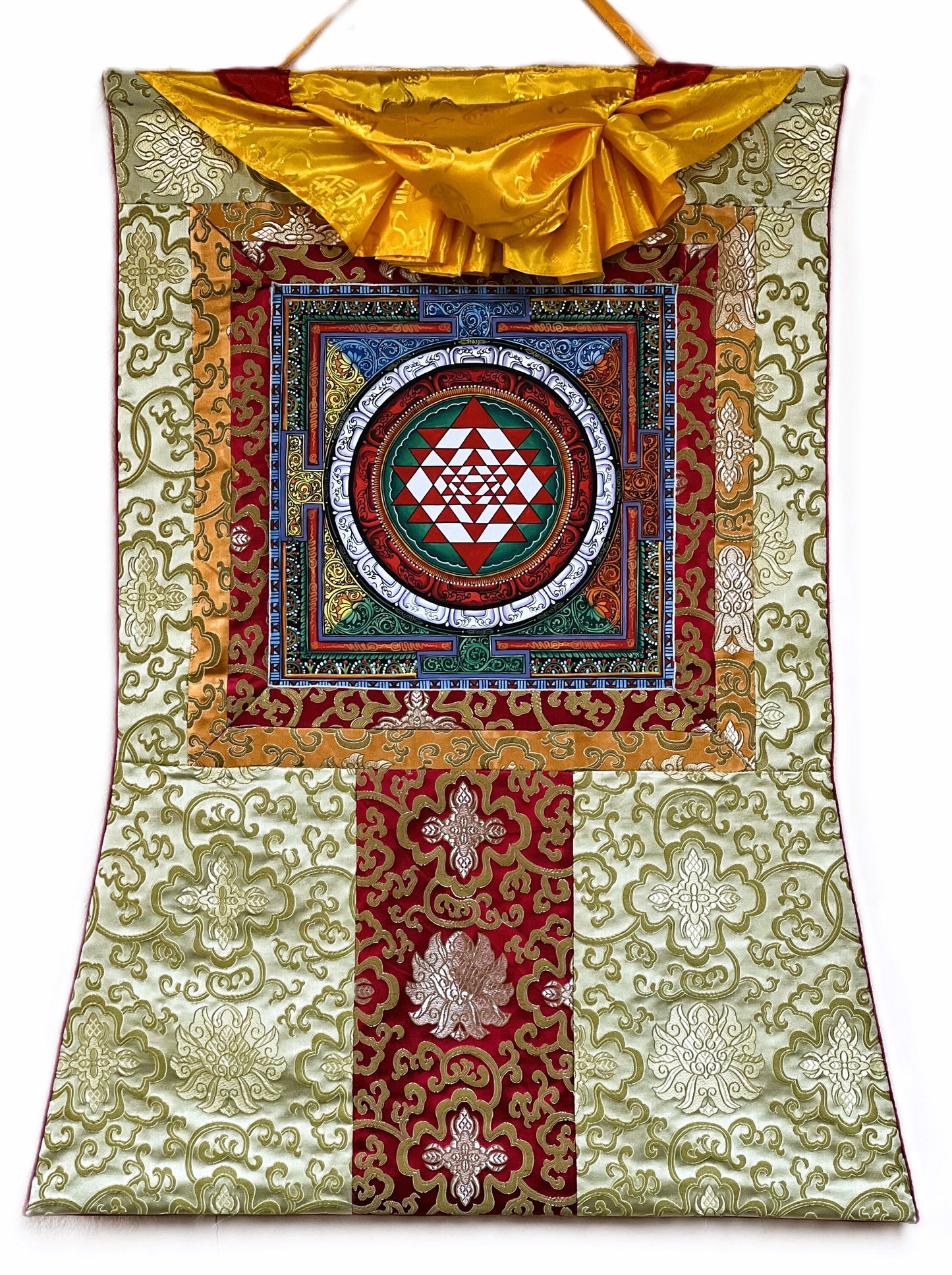 Hand-painted Sri Yantra Thangka Painting with Silk Brocade